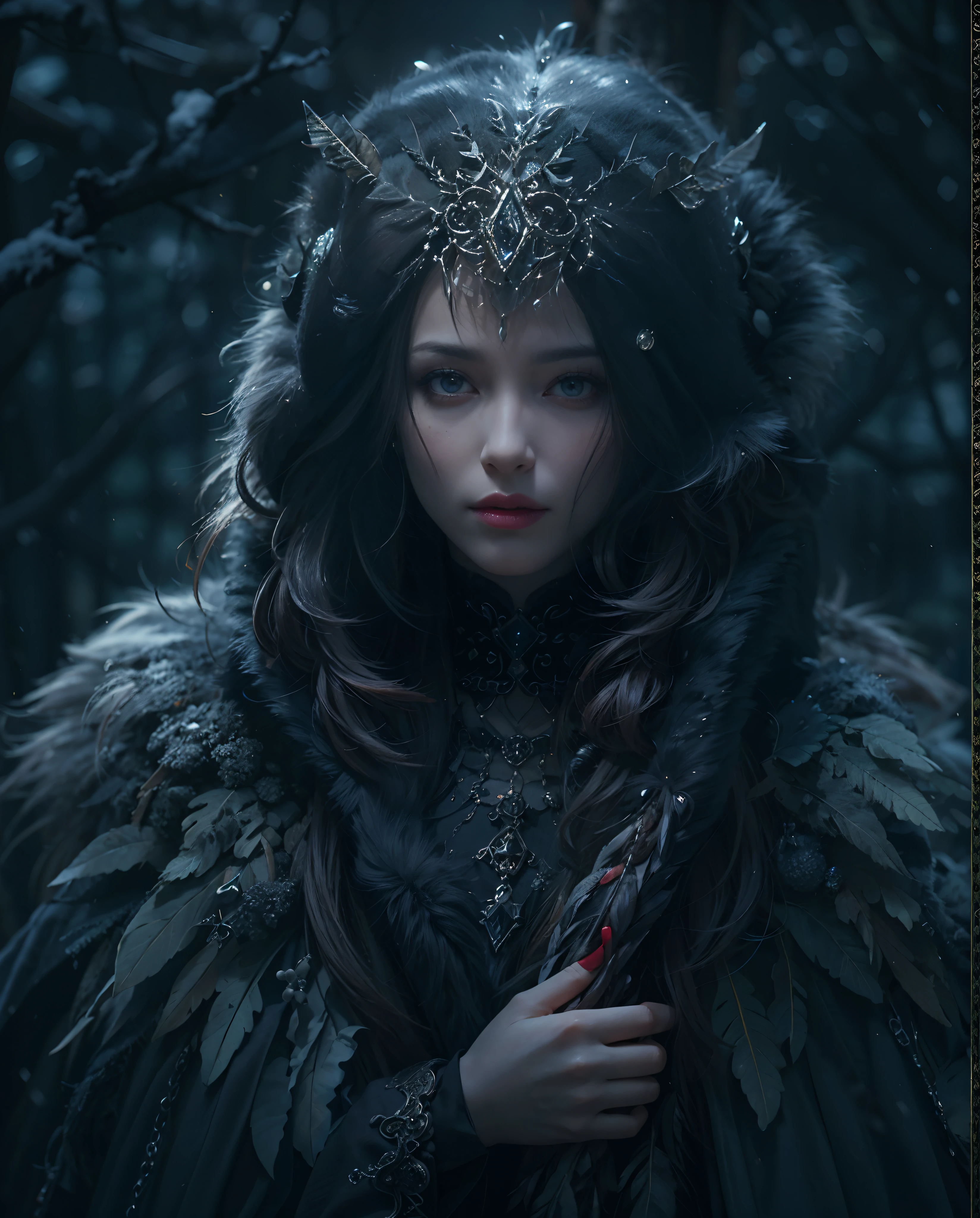 Best quality, masterpiece, meticulous detail, intricate detail, realistic, a mystical winter lady wearing black feathers cloak in halloween, horror, dark fantasy, cinematic lighting