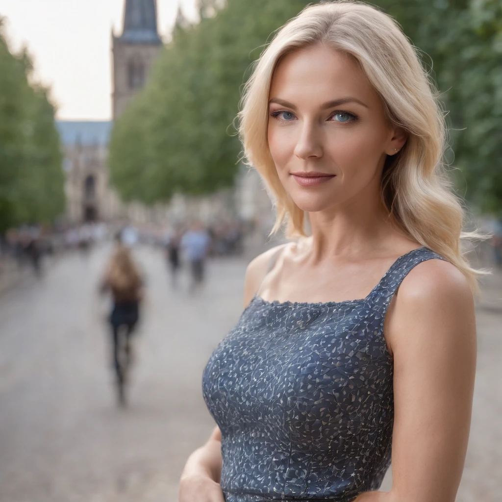 a photograph of a fit slim 40 year old mature woman, with blonde hair and blue eyes, poses for photo, beautiful blonde woman, size 10, perfect 10, smooth portrait shots 8K, portrait of a beautiful model, beautiful smile with mouth closed, full body model pose, face perfect, floral blouse, small breasts, glimpse of cleavage, a mini skirt, location London, sexy shots outside, in the street, Cathedral in the background, film lighting, dramatic light