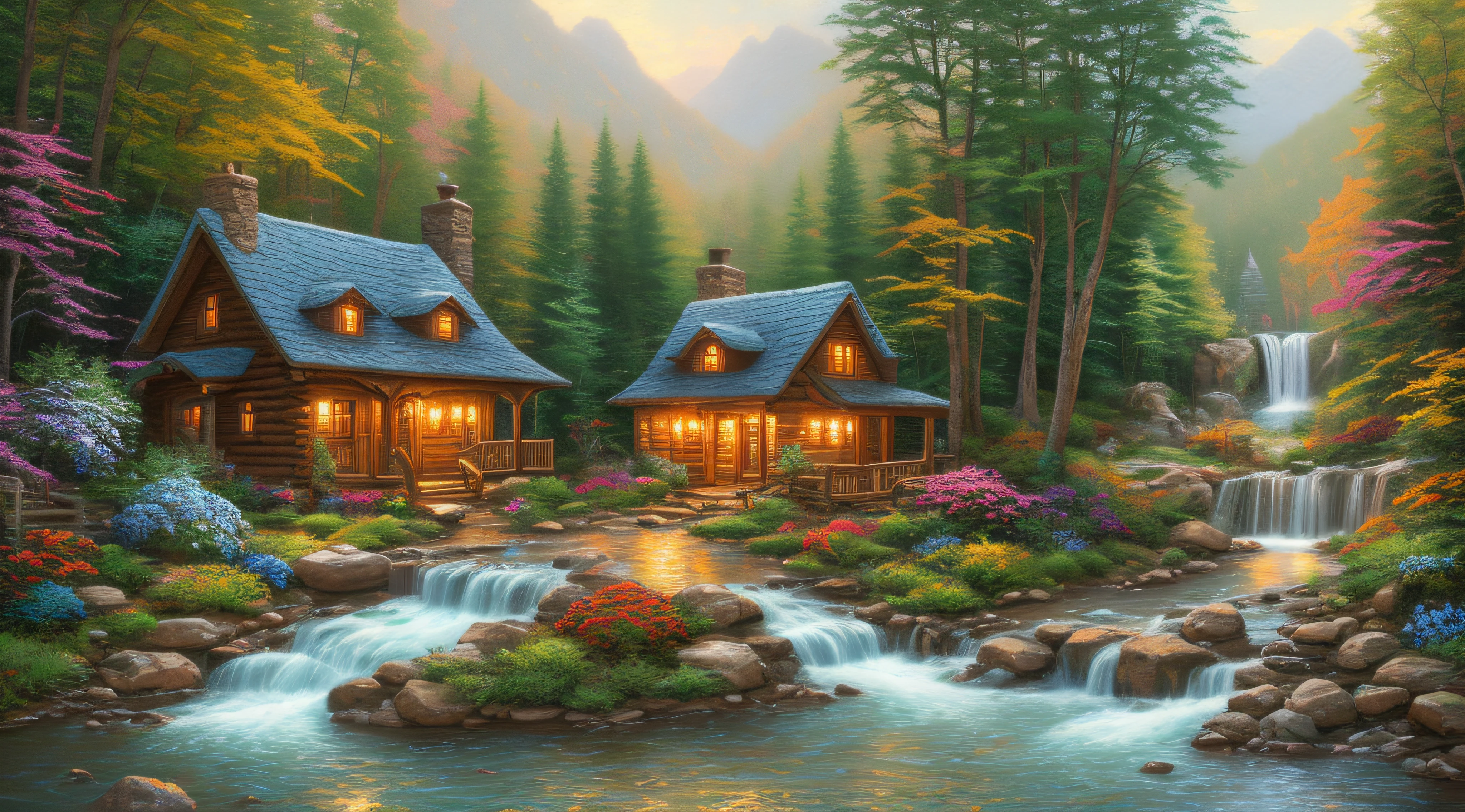 painting of a cabin in a mountain stream with a waterfall, children play around cabin, 4 k oil painting, beautiful oil matte painting, oil painting 4 k, oil painting 4k, cottage in the forest, beautiful oil painting on canvas, beautiful digital painting, smooth oil painting, beautiful art uhd 4 k, 8 k hd detailed oil painting, oil digital painting, Inspired by Thomas Kinkade.