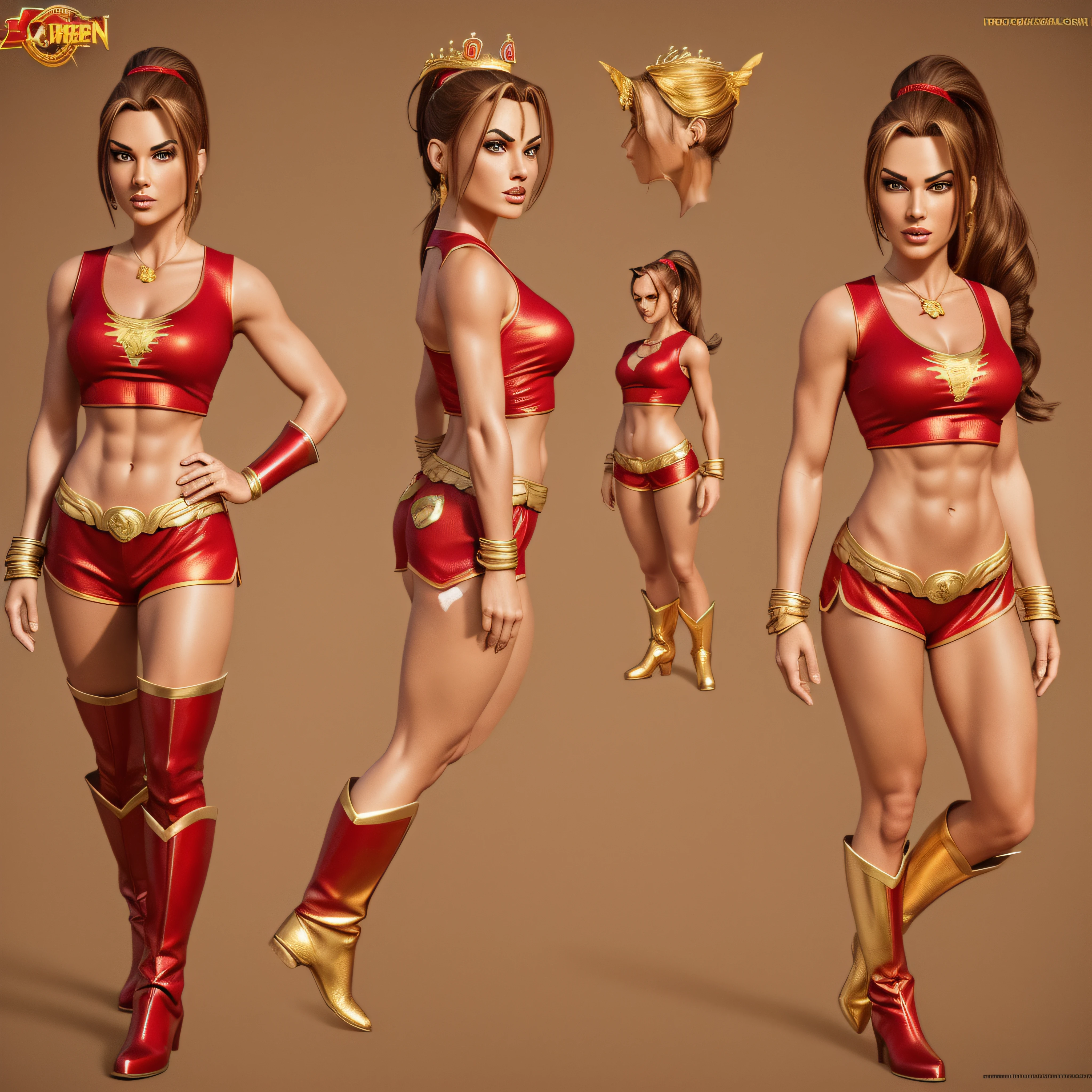 ((character concept art)), tall figure, ((character design sheet, same character, front, side, back)),( Masterpiece, 4k resolution, ultra-realistic, very detailed) Sexy beautiful female superheroine , , ponytail, red crop shirt, with a golden Star, wears a golden tiara on forehead with a red gem in her head , golden bracelets, long red boots, and small red shorts