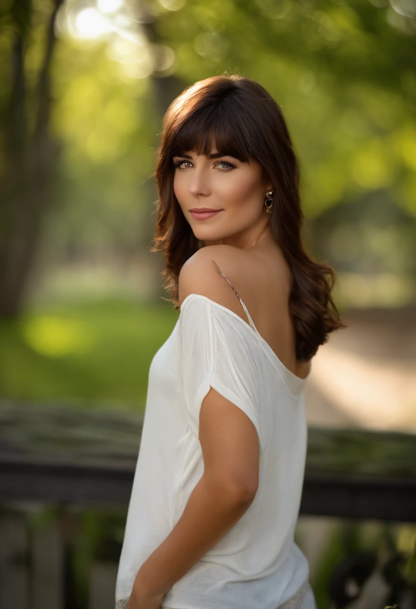 Top Quality, Masterpiece, Ultra High Definition, (Photorealistic: 1.4), (Look Off: 1.4), (Look Off: 1.4), No Look at Camera, Raw Photo, One Girl, Dark Hair, (Straight Bobs: 1.4), (Patsun: 1.4), Bangs, Smile, Glossy Skin, Dramatic Lighting, Neat, T-Shirt, White Summer Sweater, (Big: 0.9), parks