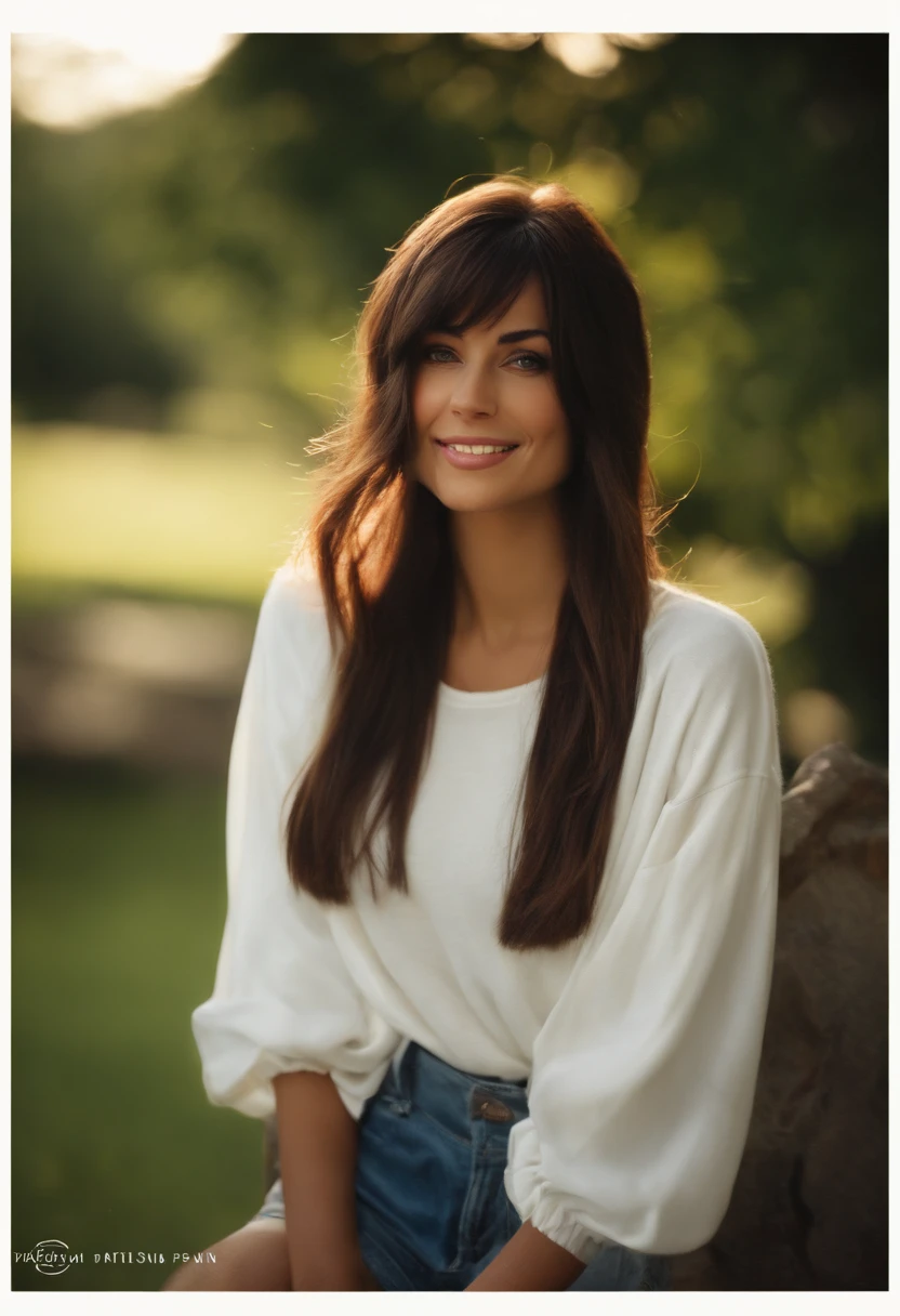 Top Quality, Masterpiece, Ultra High Definition, (Photorealistic: 1.4), (Look Off: 1.4), (Look Off: 1.4), No Look at Camera, Raw Photo, One Girl, Dark Hair, (Straight Bobs: 1.4), (Patsun: 1.4), Bangs, Smile, Glossy Skin, Dramatic Lighting, Neat, T-Shirt, White Summer Sweater, (Big: 0.9), parks