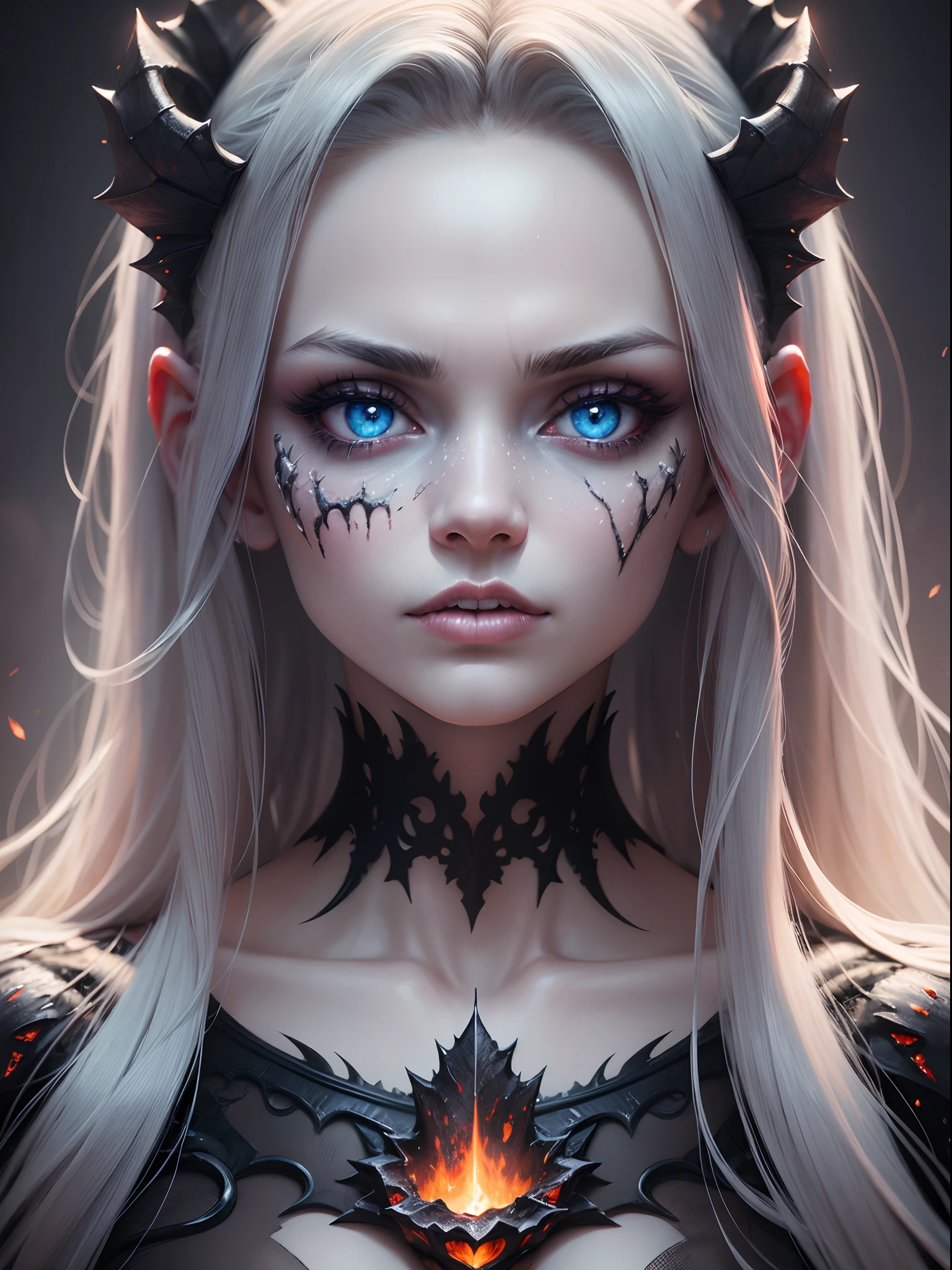 hyper realisitc, Beautiful foggy, Composed of smoke and ice, the spectacular zombie demon consists of fiery lava, hyper-detailing of the face and body, Mysticism, White backlight, fantasy, Dark and fairytale forest, soft light, glitter, Professional photo, is beautiful, 3d, Realistic, 8k, hight resolution, higly detailed, cgi, Hyper-Realism, f/16,1/300s. Highly detailed digital painting, Photo-realistic painting, gothic art, Realistic, нуар 100 iso, Huge eyes, symmetry.