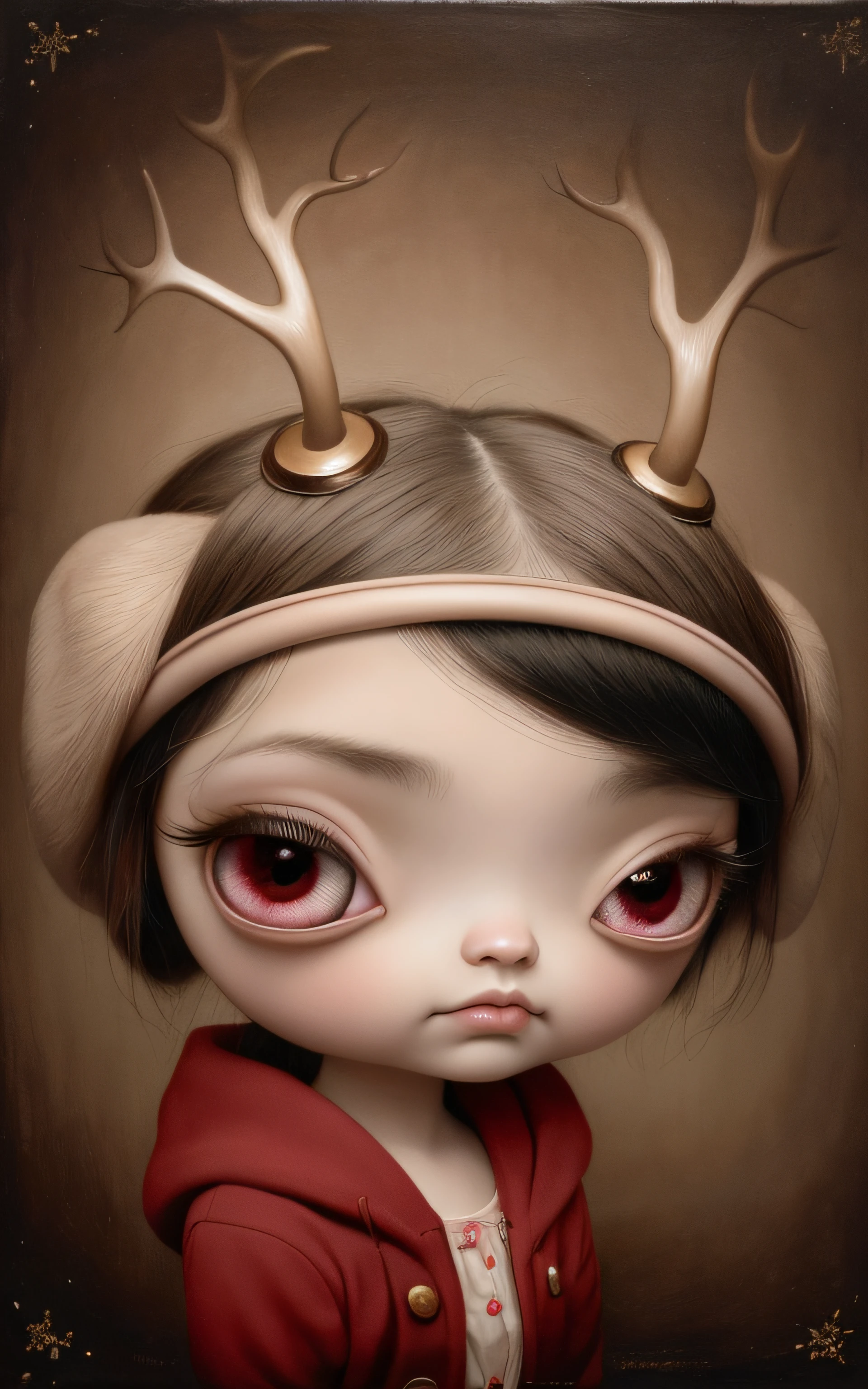 Painting of a girl with deer antlers on her head, Estilo Mark Ryden, Mark Ryden muy detallado, Estilo de Mark Ryden, Naoto Hattori, Surrealismo pop lowbrow, Mark Ryden en el estilo de, benjamin lacombe,  Earley, Surrealismo pop Lowbrow Art Style, Arte lowbrow, por Mark Ryden,  cute and beautiful, wearing cap, more details, amazing, beautiful Monalisa, cute Monalisa, lowbrow, Monalisa with lowbrow face, chibi realistic monalisa, cute