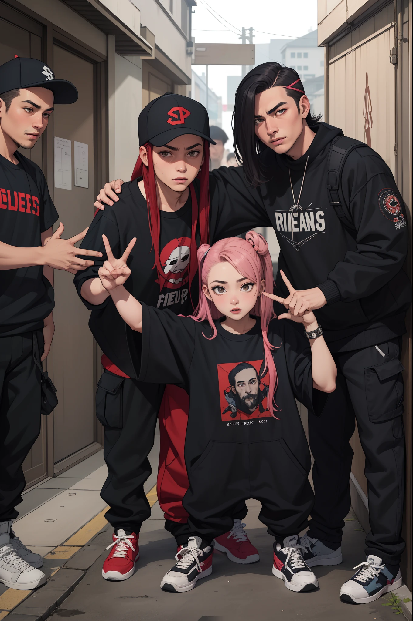 cartel drug dealers family portraits badass selfies of traditional female japanese geshia gangs females gang members mob syndicates gang baggy sagging trap sumpreme streetwear at a safehouse HQ raisng hands gang signs ofensive V signs