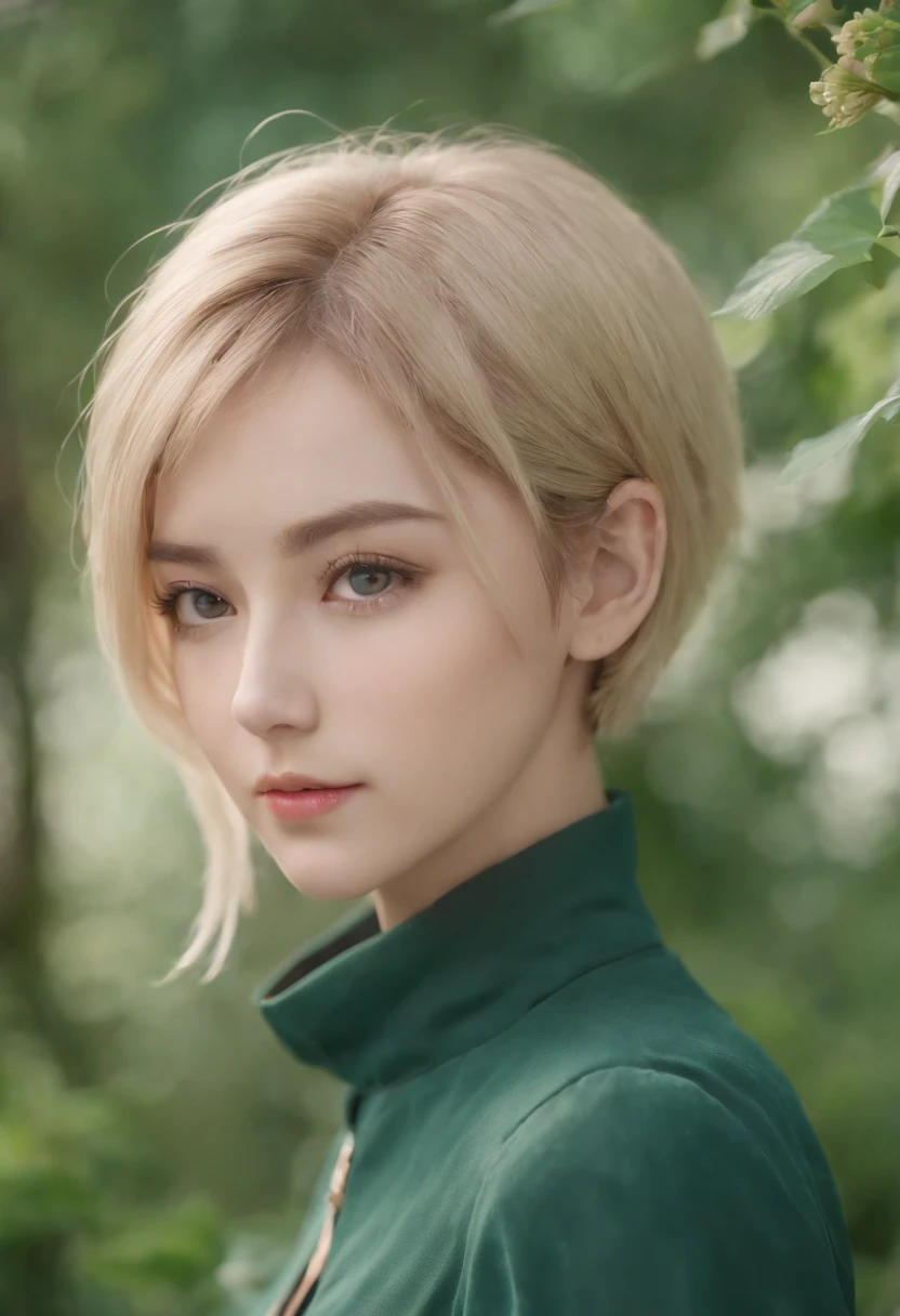 An anime girl with short blonde hair and dark green with a graceful figure, beautiful anime portrait, anime style 8K, beautiful anime girl, anime art wallpaper 8 K, beautiful anime artwork, flowers around her, super delicate, in line with common sense
