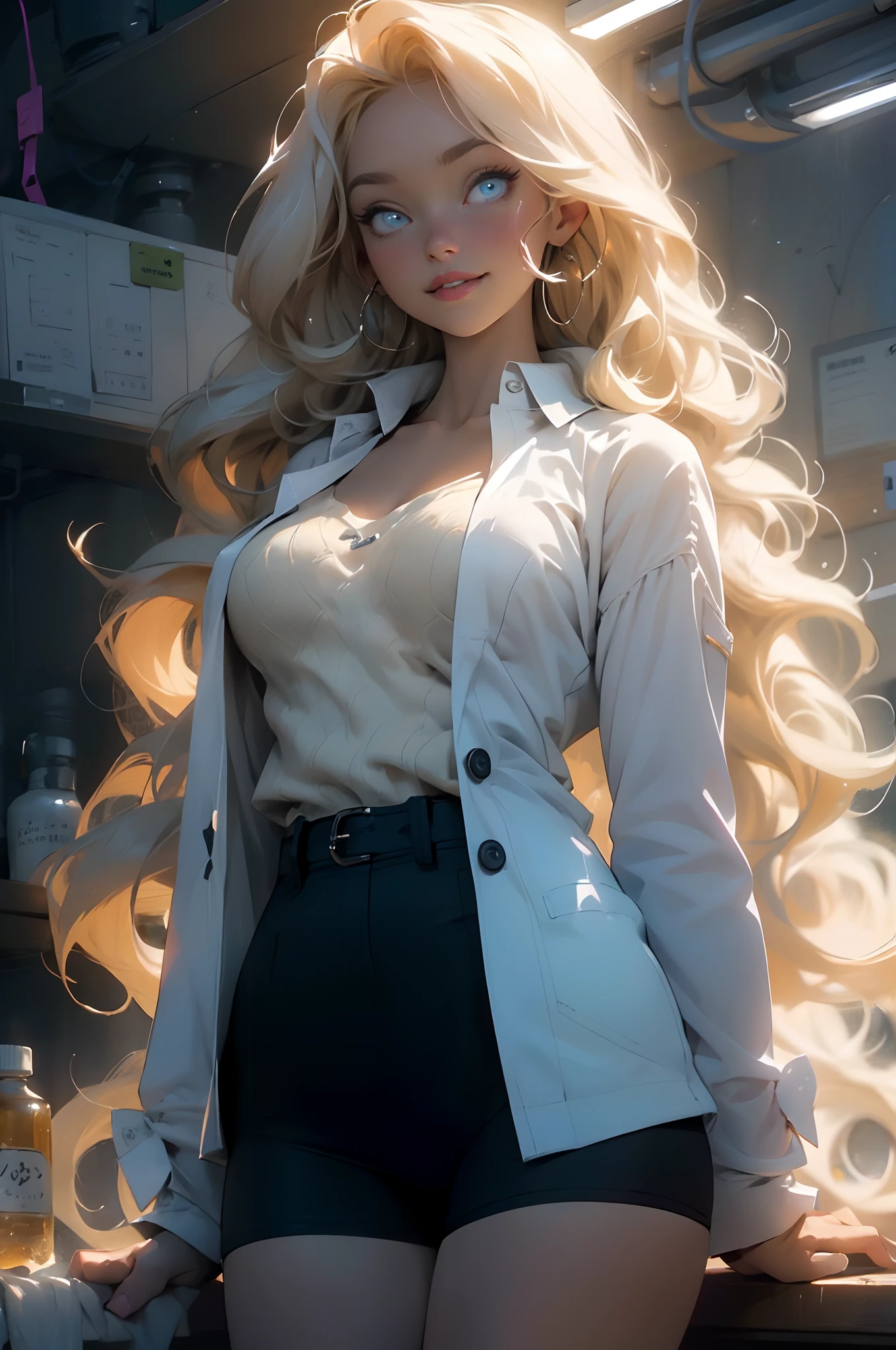 top-quality、Top image quality、masterpiece、girl with((cute little、18year old、Best Bust、Medium bust、Bust 85,Red eyes to issue、Breasts wide open,Valley、Blonde long hair、A slender、Manteau blanc、Black Y-shirt with open buttons、White pants、walk、hands in the pocket)hiquality、Beautiful Art、Background with((lab room)),masutepiece、Elaborate design、visualart、depth of fields、Being in the air、weightless