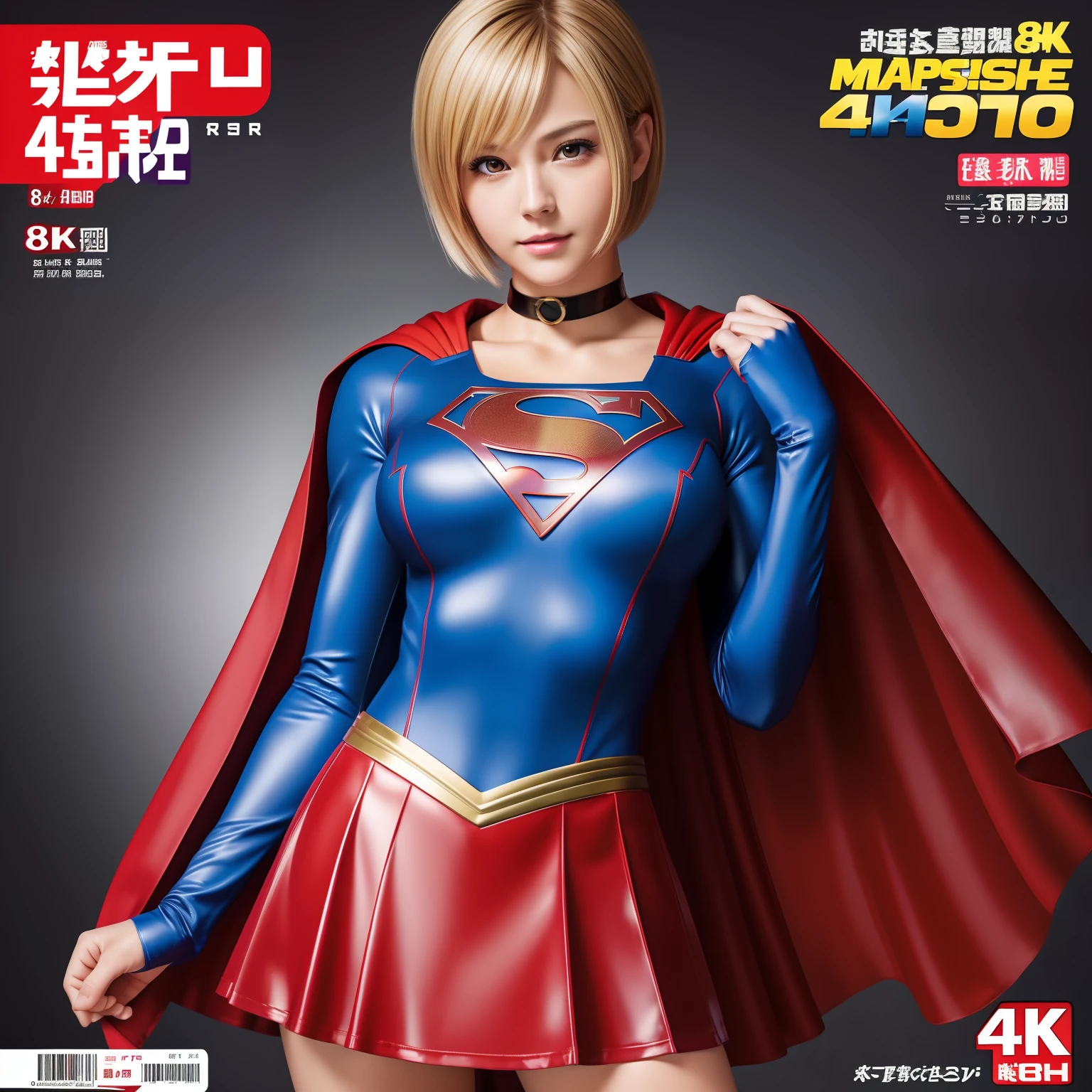 (Best Quality,4K,8K,hight resolution,masutepiece:1.2),Ultra-detailed,Realistic:1.37,Super masterpiece,Short-haired Supergirl、large full breasts、Looking at the camera、Glossy costume、a choker、Too short miniskirt、Manga magazine cover