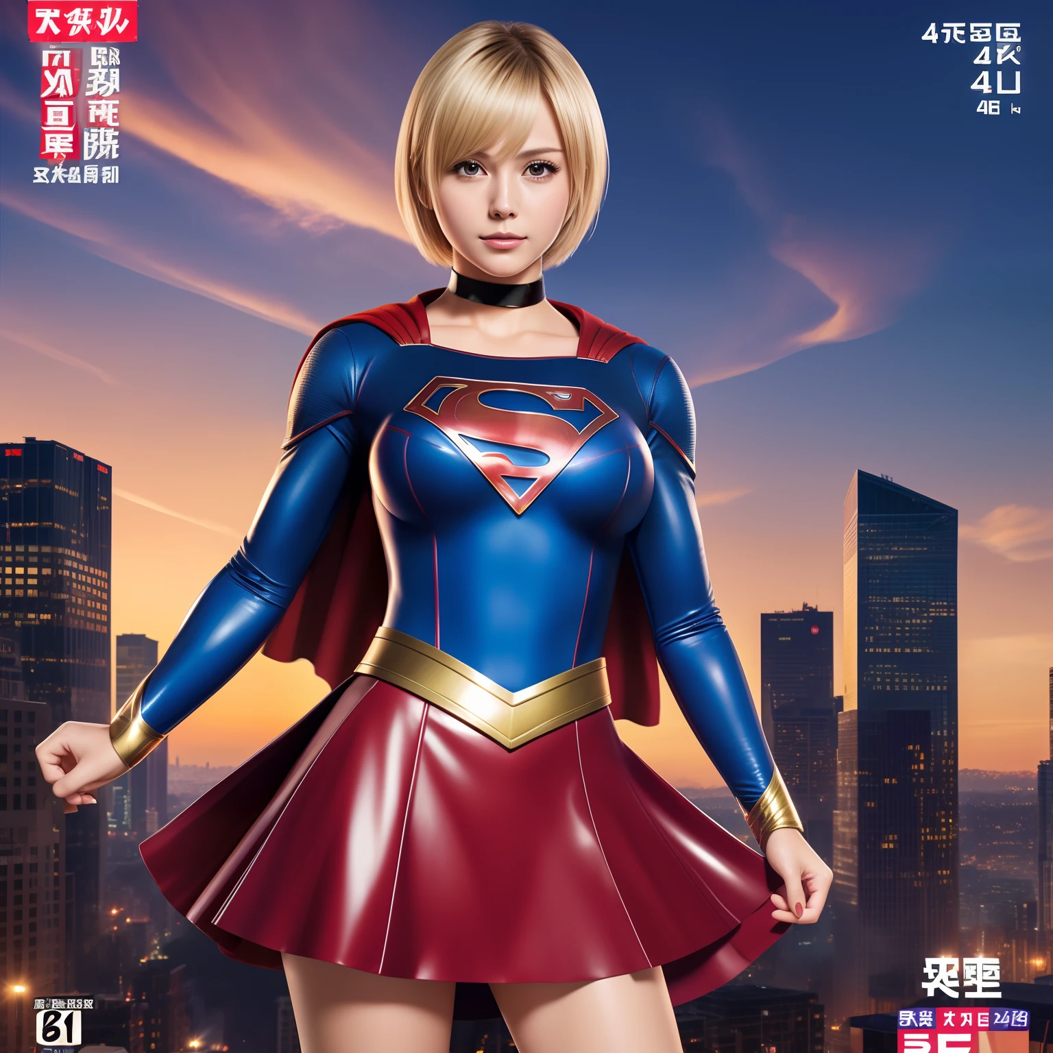(Best Quality,4K,8K,hight resolution,masutepiece:1.2),Ultra-detailed,Realistic:1.37,Super masterpiece,Short-haired Supergirl、large full breasts、Looking at the camera、Glossy costume、a choker、Too short miniskirt、Manga magazine cover