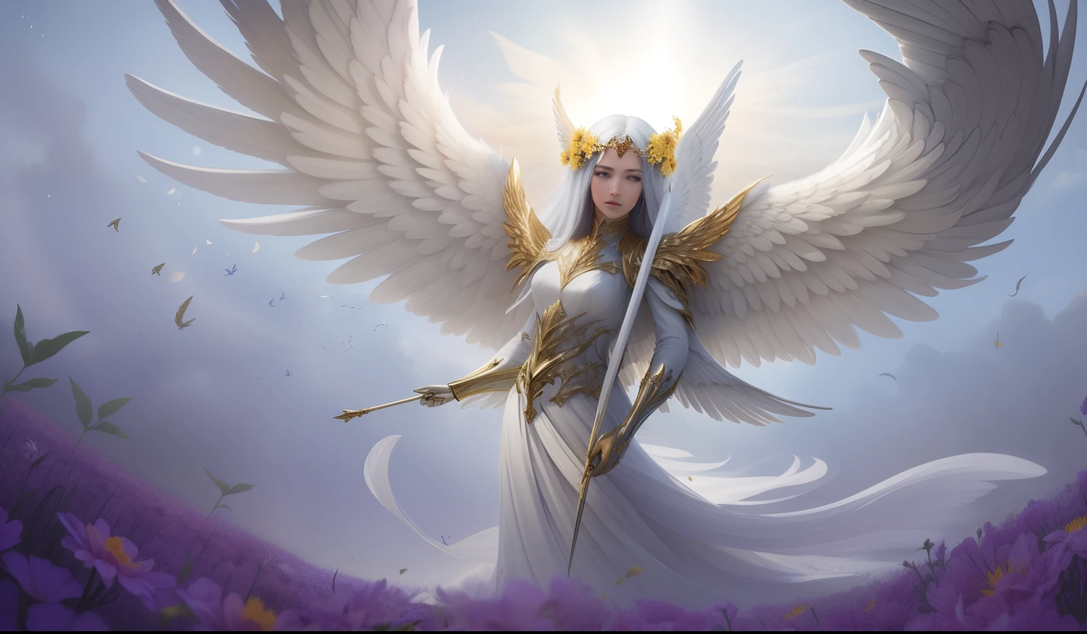 painting of a woman with wings in a field of yellow flowers, angel knight girl, angel spirit guide, tall female angel, of beautiful angel, beautiful angel, angelical, super wide angel, angel protecting woman, angel knight gothic girl, beautiful female angel, epic angel wings, winged girl angel, full - body majestic angel, ethereal wings, ethereal angelic being of light, highly detailed, ultra detail, studio shoot, cinematic angle, 85mm prime lens, day lighting, macro lens, iso 100, f/4, canon eos, canon 5d, --quality 100, --s 5000, --stylise 1250, --ar 2:3, --iw 10000