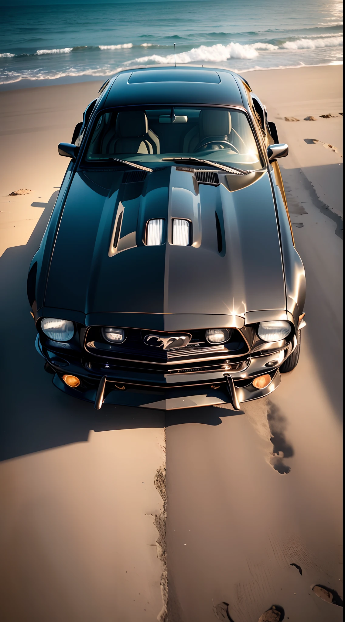 wide angle of a old black mustang in the beach sun shine sparkling vertical wallpaper portra 300 film vsco,ultra definition,volume,depth,shadows,hymper realistic,lights,details,high quality,high definition,8K