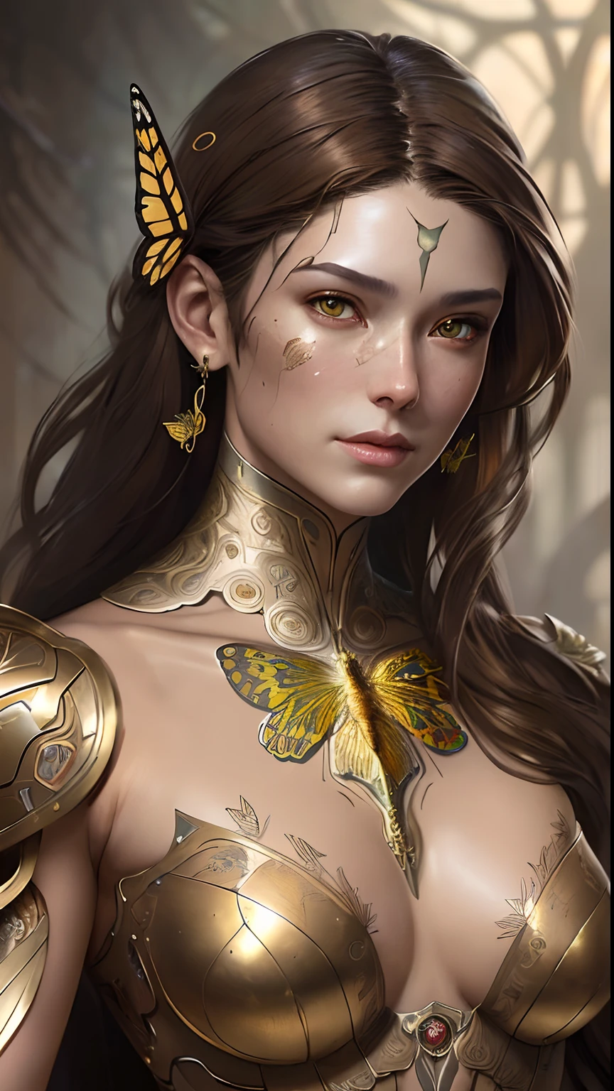 8k portrait of beautiful cyborg with brown hair, intricate, elegant, highly detailed, majestic, digital photography, art by artgerm and ruan jia and greg rutkowski surreal painting gold butterfly filigree, broken glass, (masterpiece, sidelighting, finely detailed beautiful eyes: 1.2), hdr,