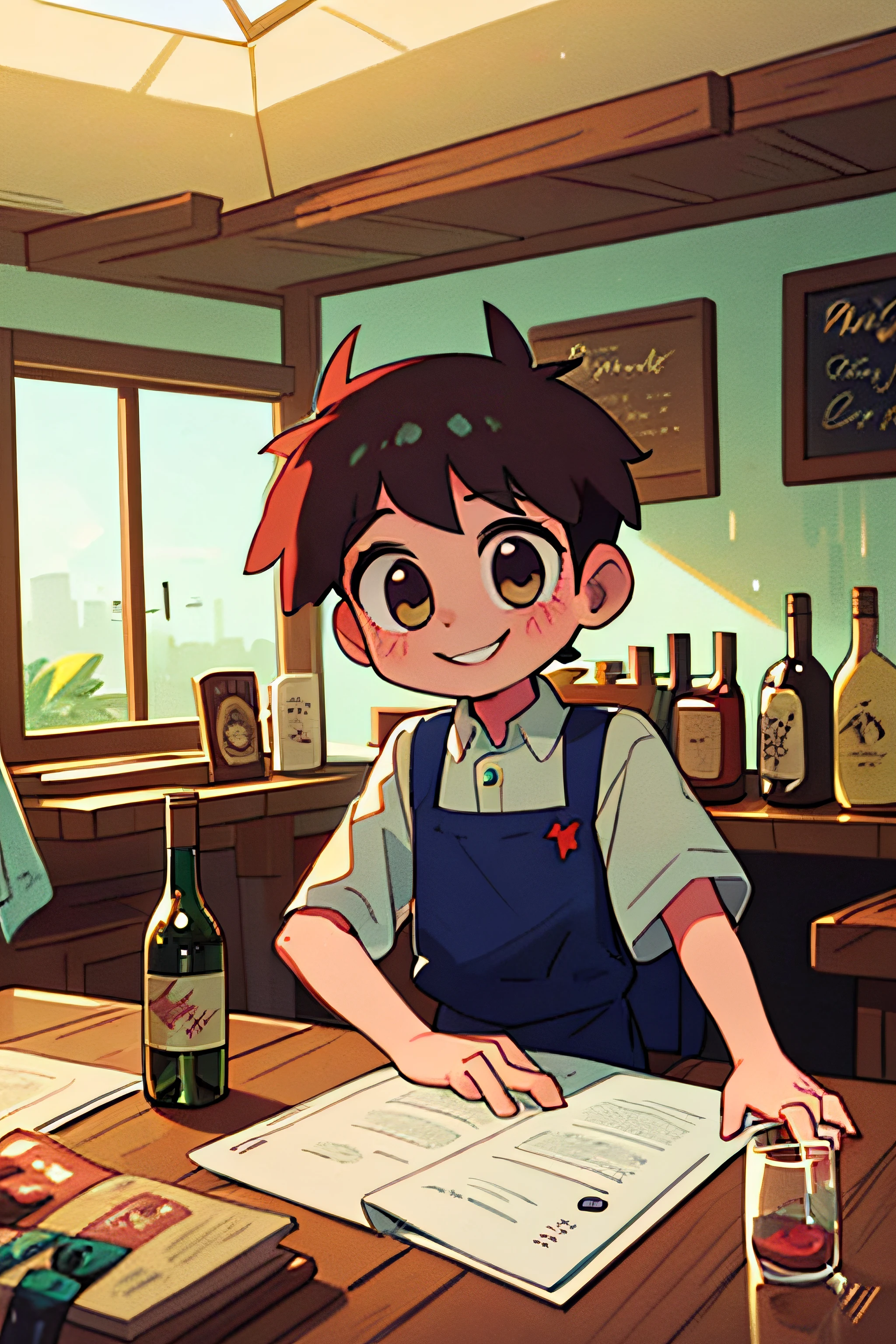 （Best quality at best，tmasterpiece））， A boy with，The boy looked at the camera and smiled，The boy wears a waiter's outfit，The background is daylight，Indoors，In an English tavern，The boy is a bartender，Boy with wine bottle，Sunlight spills on the table