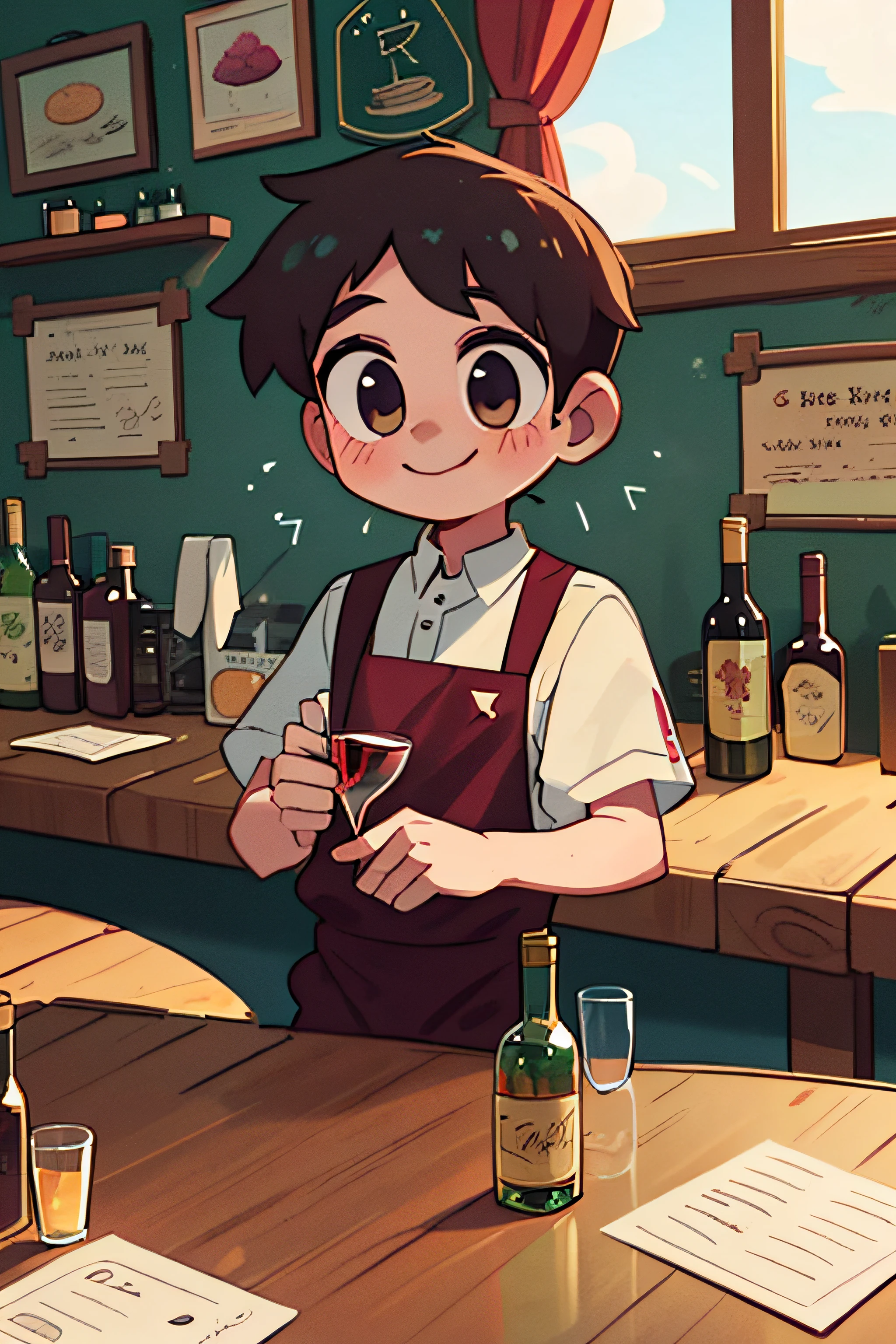 （Best quality at best，tmasterpiece））， A boy with，The boy looked at the camera and smiled，The boy wears a waiter's outfit，The background is daylight，Indoors，In an English tavern，The boy is a bartender，Boy with wine bottle，Sunlight spills on the table