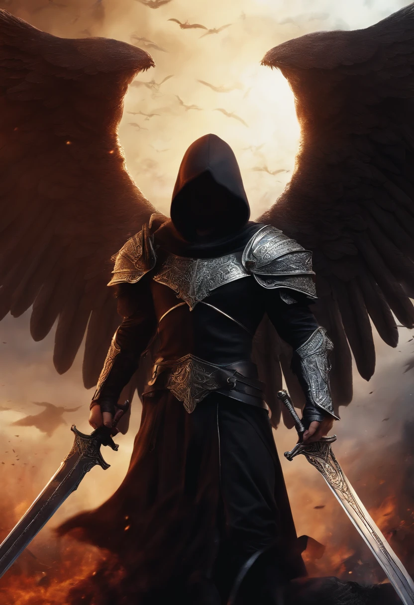 Realistic, 4K, Angels with big wings, Black clothes, one sword, Hood on head in war background image (chaos)