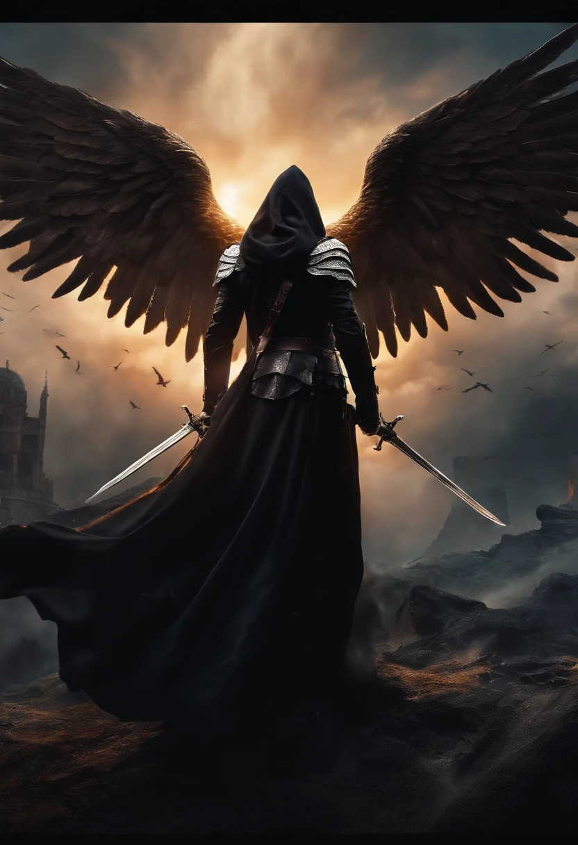 Realistic, 4K, Angels with big wings, Black clothes, one sword, Hood on head in war background image (chaos)