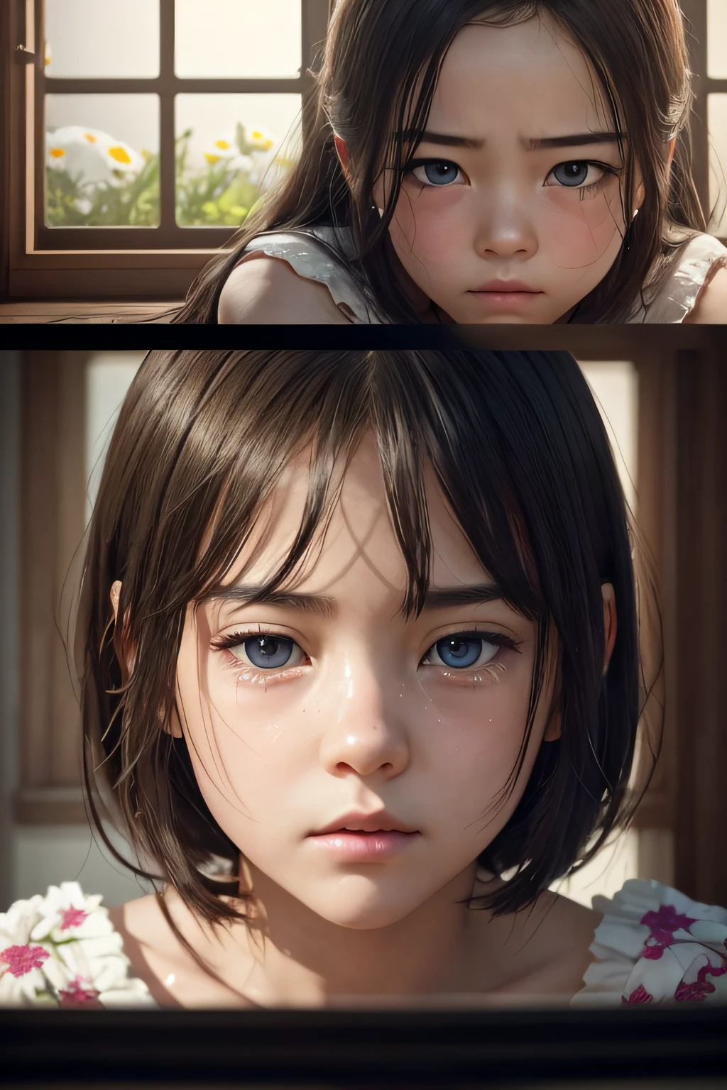 Top quality movie scenes, hight resolution, Ultra-detailed, And realistic visuals. The image should be photorealistic, Put a little emphasis on realism (Photorealistic:1.37). Girl with sad face、There are tear marks on the face。inside in room、Bright sunlight shines through the window.。Darker shadows、Decorated with flowers。