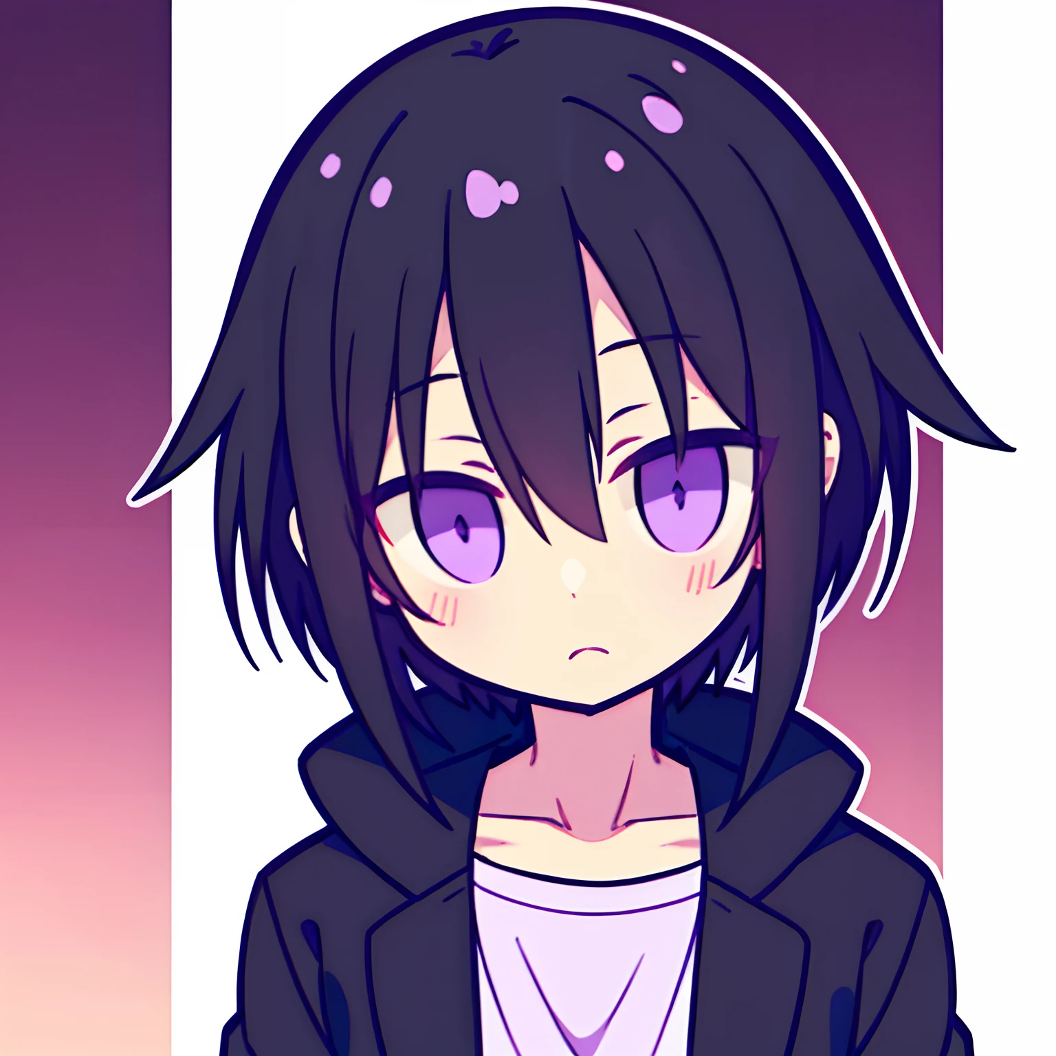Boy, femboy, kemono, Medium ass, Black shirt with purple stripes, black hair, bangs covering the left eye, long black socks with a cat face, expression of shame 