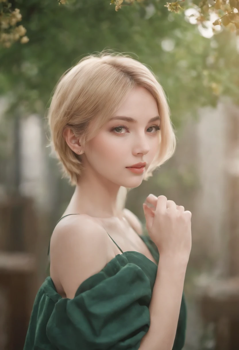 An anime girl with short blonde hair and dark green with a graceful figure, beautiful anime portrait, anime style 8K, beautiful anime girl, anime art wallpaper 8 K, beautiful anime artwork, flowers around her, super delicate, in line with common sense