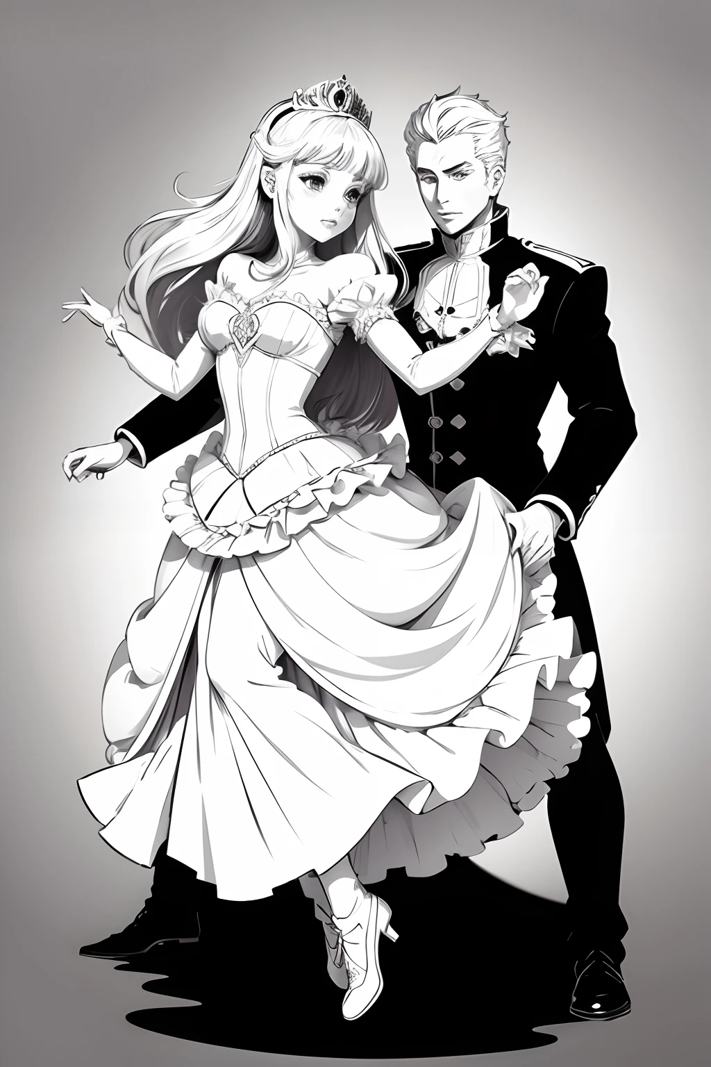 White, Sketch style, anime, basic, a princess in a ball gown dancing with a prince. cute, coloring book, vector, white background, outline, with images neatly contained within the background, just black and white color, full body, no color, basic, printable