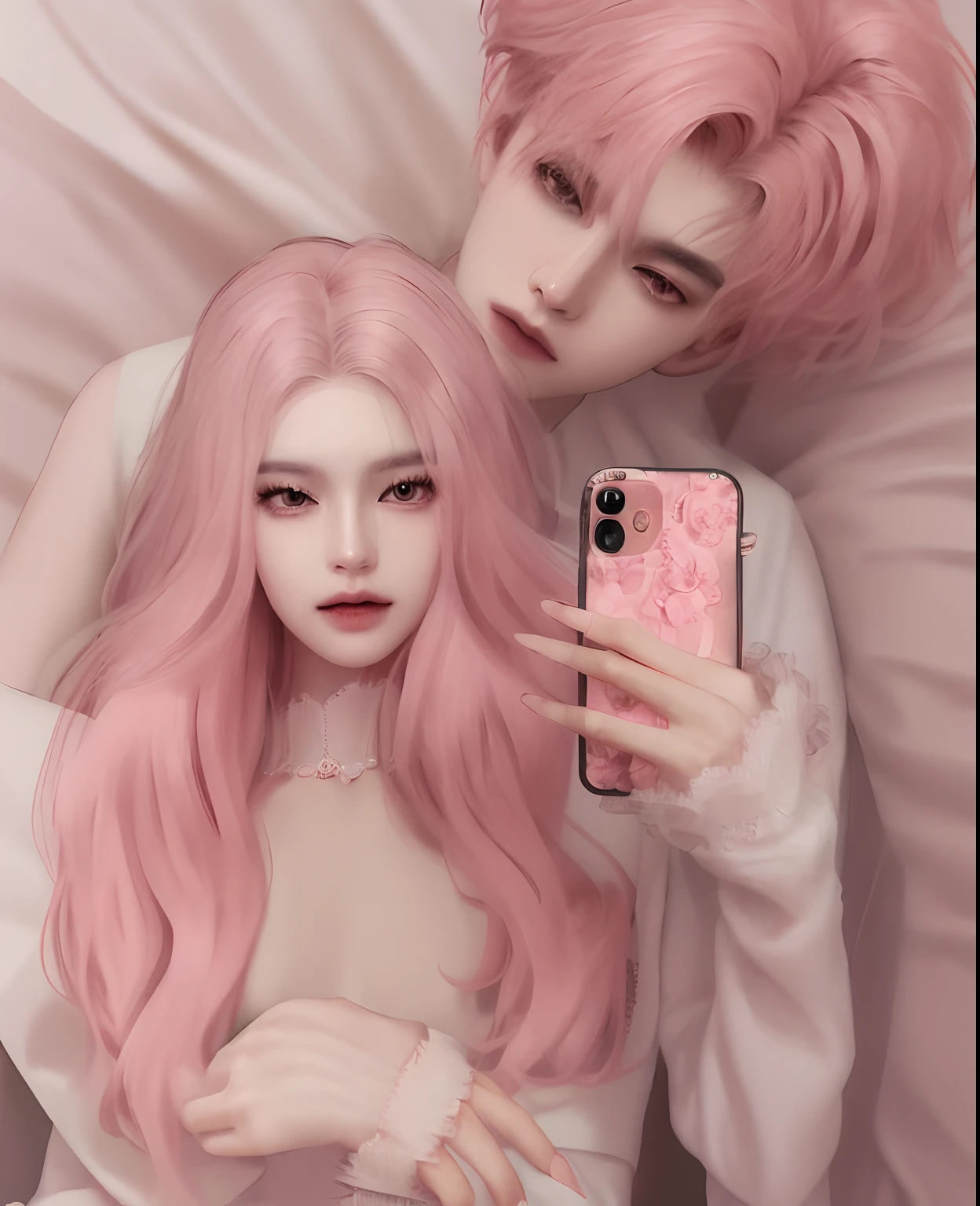 there is a man and a woman that are holding a cell phone, couple pose, inspired by Sim Sa-jeong, imvu, inspired by Kim Deuk-sin, inspired by jeonseok lee, nixeu and sakimichan, & jeehyung lee & wlop, pink hair, snapshot, realism artstyle,gray hair,wool sweater,perfect body