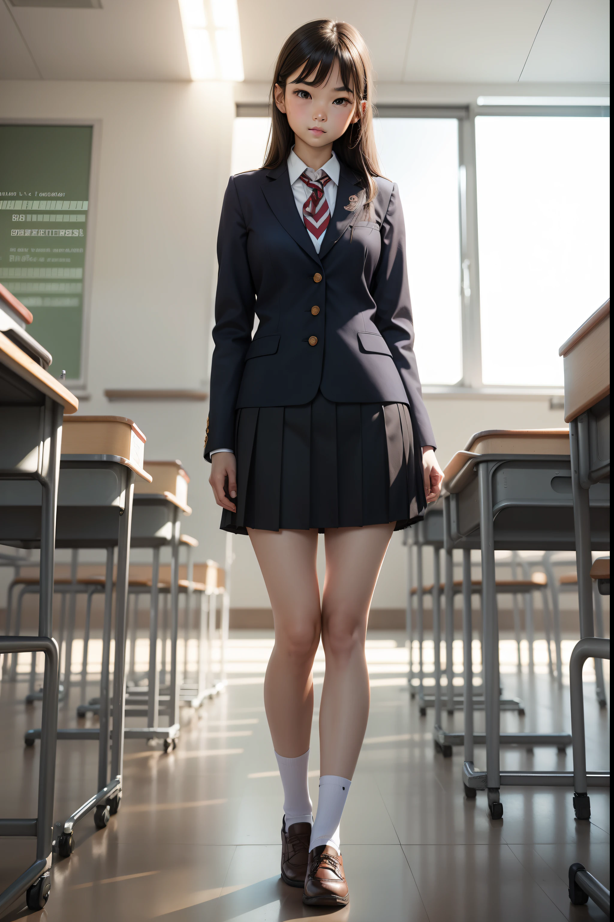 Standing in a thin-legged school uniform in a classroom