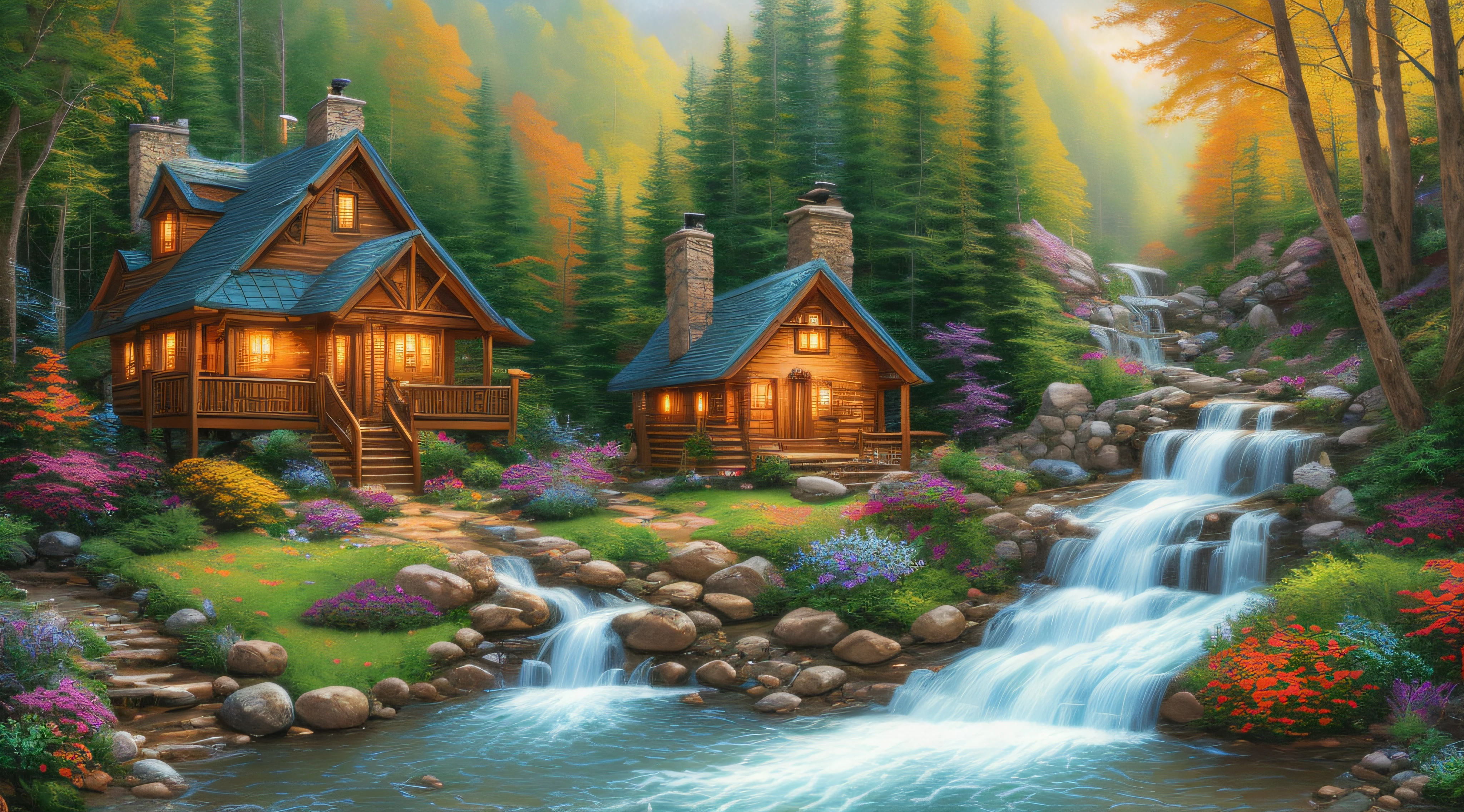 painting of a cabin in a mountain stream with a waterfall, children play around cabin,  4 k oil painting, beautiful oil matte painting, oil painting 4 k, oil painting 4k, cottage in the forest, beautiful oil painting on canvas, beautiful digital painting, smooth oil painting, beautiful art uhd 4 k, 8 k hd detailed oil painting, oil digital painting, Inspired by Thomas Kinkade.