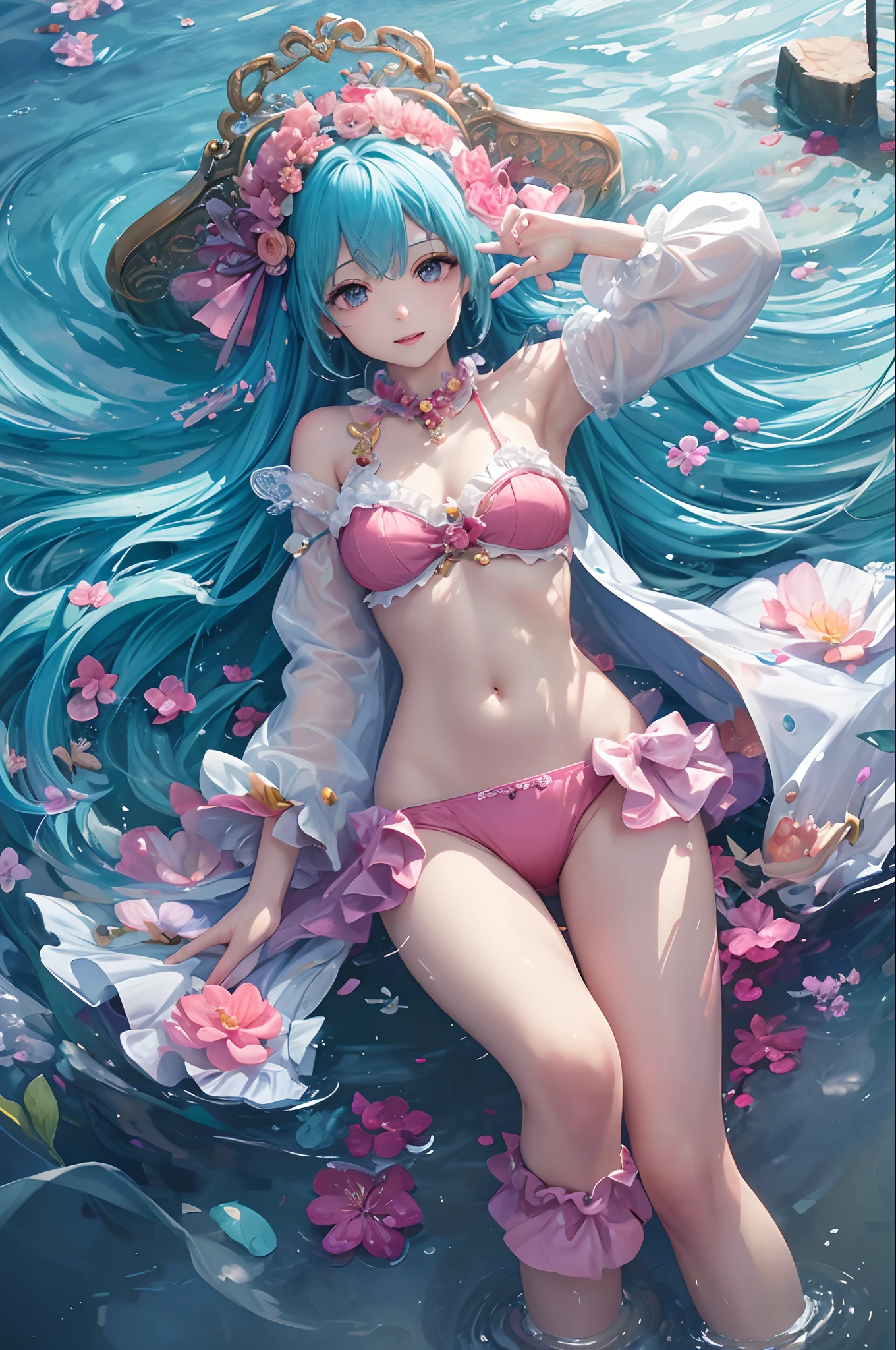 (masterpiece、top-quality、Official art:1.2)、(colourfull)、miku hatsune、see the beholder、1girl in、portlate、独奏、Colorful water levitation、Lying girl、realisticlying、She wears long pants、Wearing pink pajamas、Cute、A sexy、a navel、accessorized、Correct anatomy