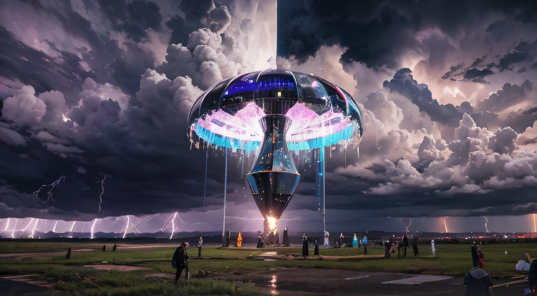 Giant drop-shaped crystal spaceship，，The sky above the competition stage，dark stormy clouds，Sky full of lightning，Even the dark clouds are obscured by shadows。 It will be a thunderstorm，Did you bring an umbrella？