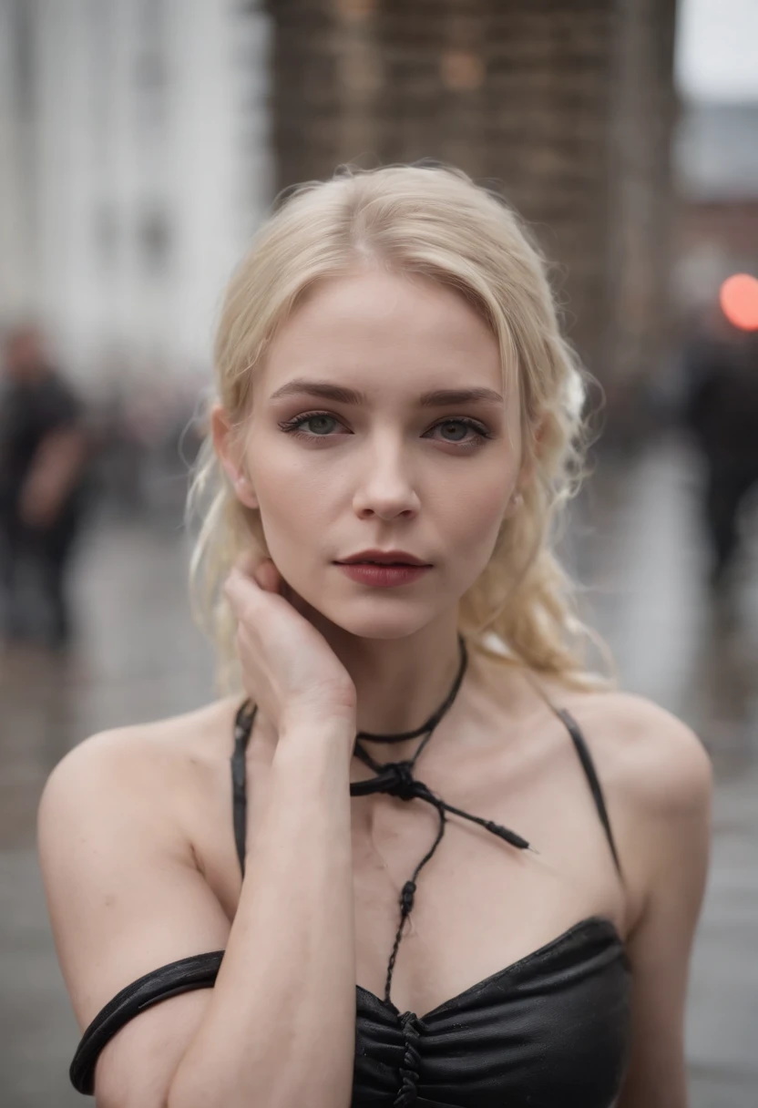 Blonde, goth , short, petite girl, bdsm pose, wet, sweaty, shibari, bdsm, city square , people around, tied down, on a leash, collared, tattoed, bondage