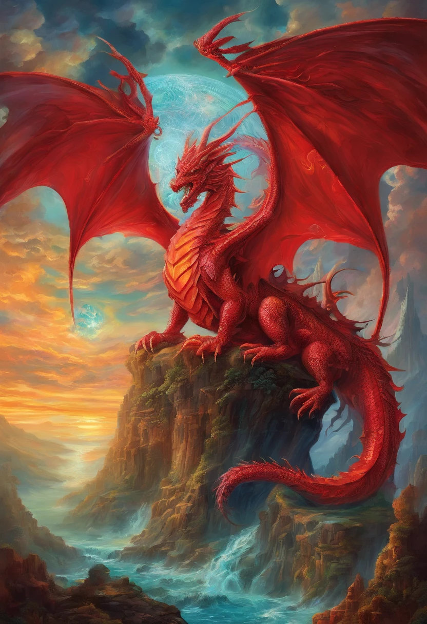 cybernetic three taloned red dragon expertly interwoven into a immense tapestry of all the levels of ascension and dissolution, he is vast and wind his sinuous elegant from throughout all creation, woven art, tapestry master work