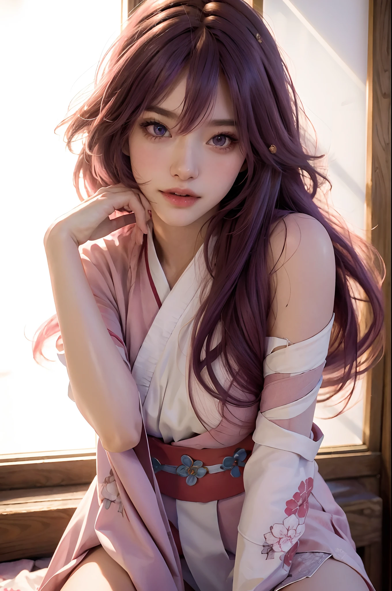 (RAW photo, best quality), (realistic, photo-realistic:1.3),pink hair,best quality,highly detailed,masterpiece,ultra-detailed,illustration,1girl,upper_body,dynamic angle,world masterpiece theater,messy_long_hair,best quality,extremely detailed CG unity 8k wallpaper,ink,Amazing,cinematic lighting,lens_flare, dunhuang_style,(((Masterpiece))), (portrait), 24 years old, kimono, blushing, purple hair, diffused light, dynamic shadows, sharp focus, realistic, detailed, highres, absurdres, white background, photorealistic, lifelike, sex, penetrate, vagina, pussy, crotch, naked, bare, clitoris, vulva, spread legs, thigh focus