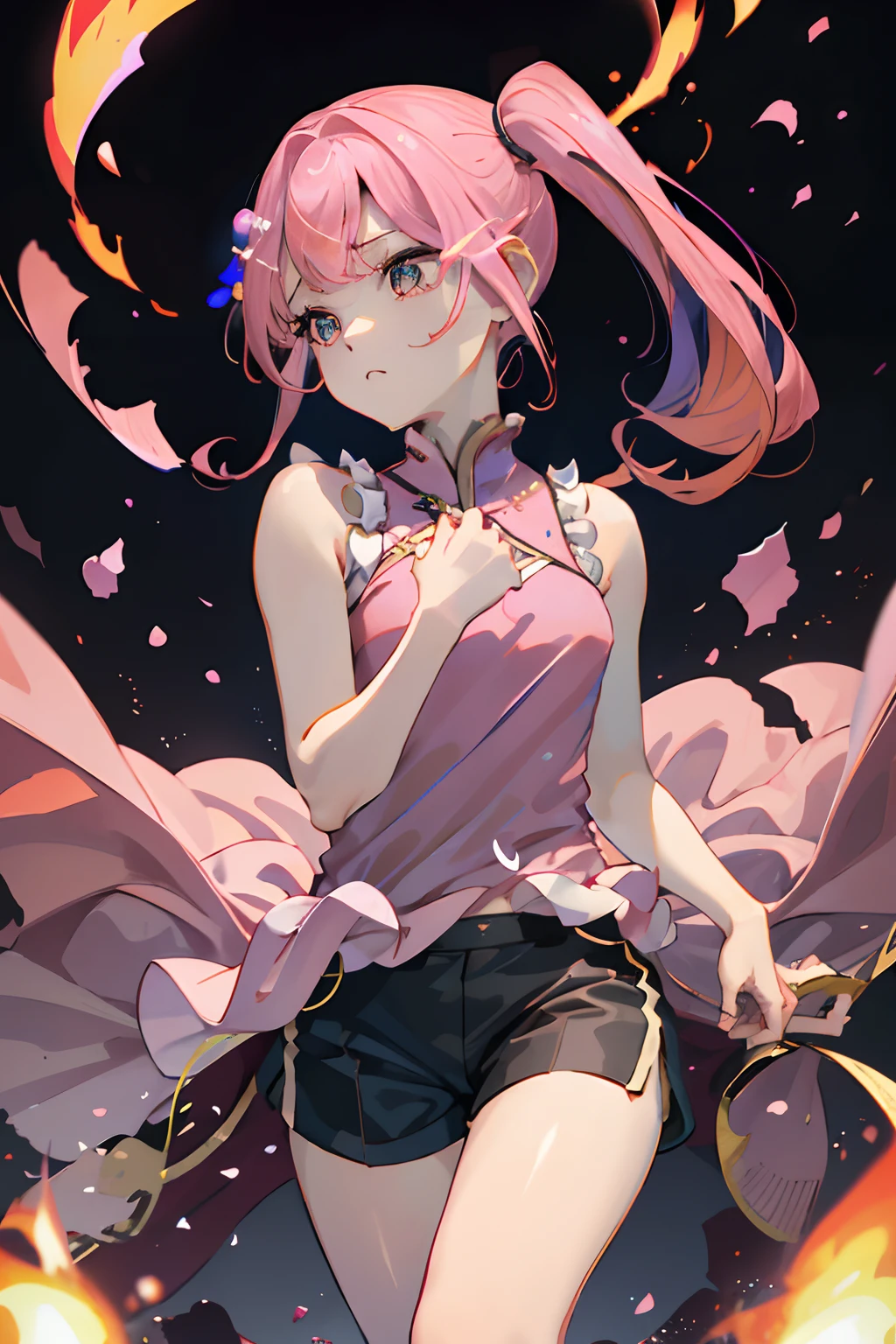A pink-haired、poneyTail、Pink china clothes、Sleeveless、Black shorts、Blunt bangs、Short side ponytail、Side Up、Photorealsitic, hight resolution, 1 rapariga, Korea person, Eye of Fire、Afterimage of flame seen from the eye