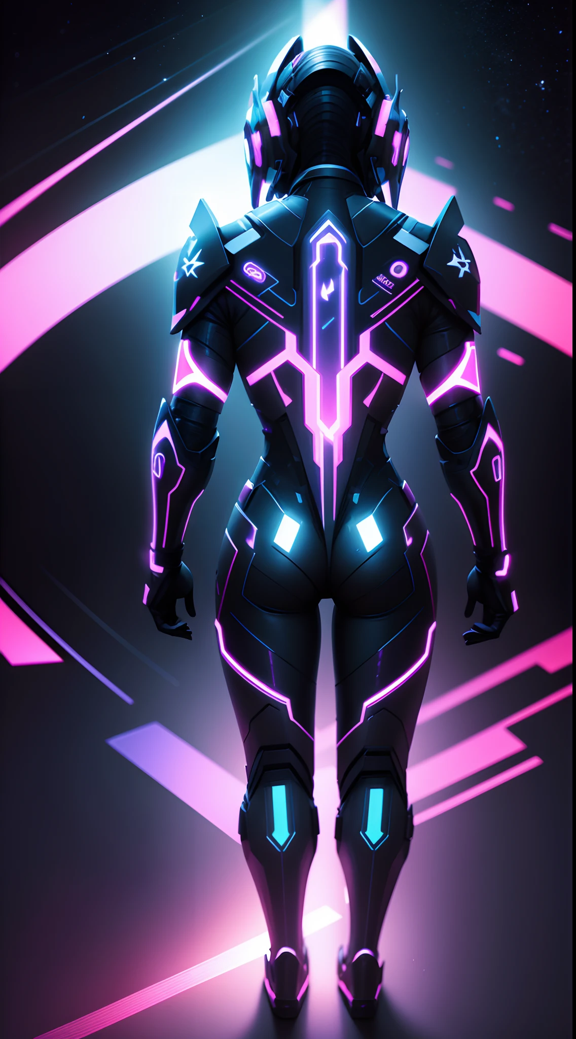 3D, hyper-realistic textures, shooting from behind, full body, crouched body, very thin female interplanetary alien monster with pale pink glass skin and a lightweight tech crystal exoskeleton, with luminous transparent cybernetic body parts, robot-faced, thin transparent accessories, in combat positions, in a sci-fi environment --auto
