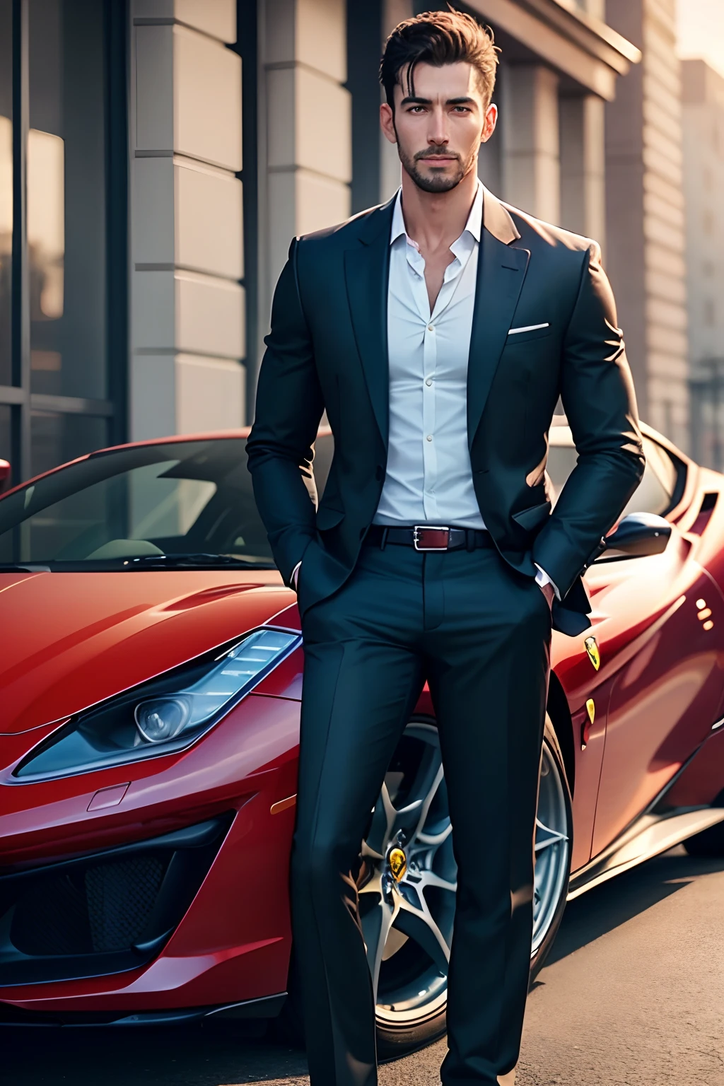 a handsome and fit businessman standing on a ferrari