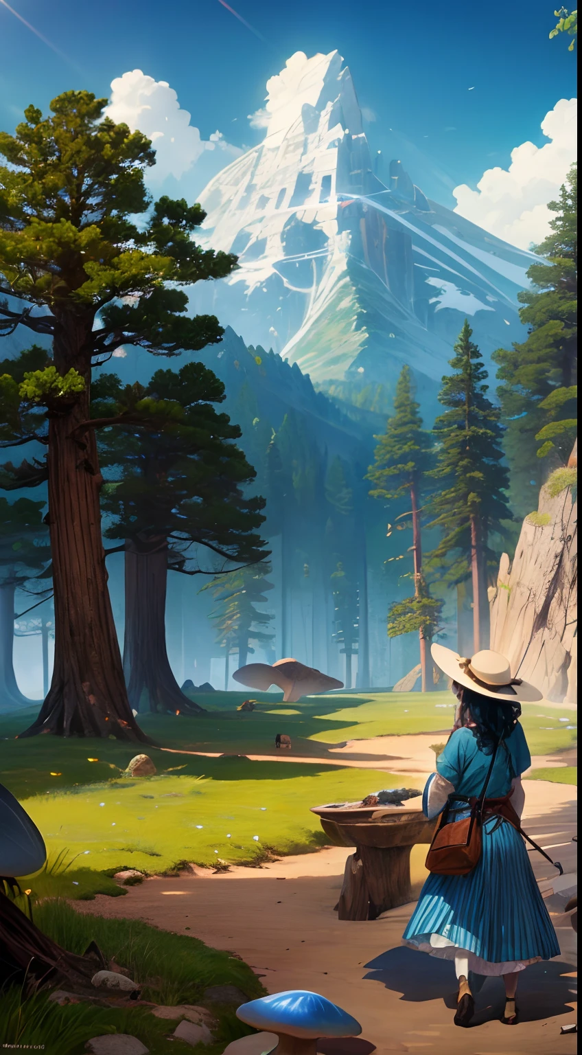 Kate Greenaway, Jean Giraud, Japanese anime, fine lines, surreal mysterious strange bizarre fantasy sci-fi fantastic, minerals, rocks, fossils, living things, fungi, plants, animals, living earth ecosystem,blue whale, staghorn mushroom, giant sequoia, hummingbird, ostrich, evolution, human race, vibrant colors, solo girl, masterpiece, sharp focus, best quality, depth of field, cinematic lighting, detailed, high resolution high definition high quality