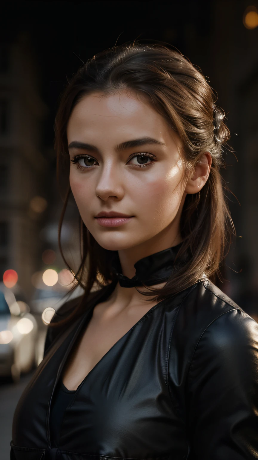 Photograph of a beautiful girl, dans la ville, porter un haut noir, jouissant, fille, 夏天, Fille chaude, (((very heavy bust))), cheveux bruns, long_cheveux, Look into the camera, symmetrical face, photoreallistic, photographie, Spectacular lighting,, magnifique, clivage, occidental, (Masterpice), Best quality, High resolution, Extremely detailed, peau avec pores, blurred background, profondeur de champ, lighting cinematic