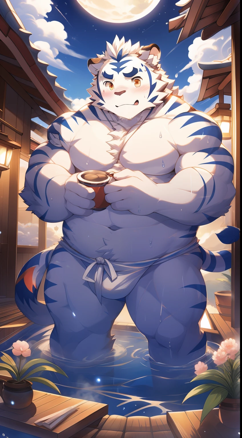 tmasterpiece，the night，Anthropomorphic white tiger，male people，26 year old，Thick eyebrows，Light blue fur，Strong body，large pecs，bare full body，Pink milk clusters，white fundoshi，medium bulge，soaked in the hot spring，teacup，open air，vale，vapour，sweat leggs，Mysterious Expression，Be red in the face，looking toward the viewer，Golden pupils，Strong，Solo，frontage，Full body photo，A huge full moon in the sky，Auspicious clouds，green plant，Lanterns