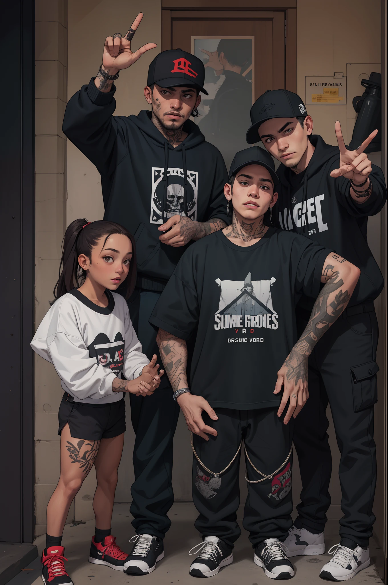 criminal crime cartel crew family portraits badass selfies of traditional gangs females kids and teens gang members mob syndicates with tatoos gang baggy sagging trap sumpreme streetwear at a safehouse raisng hands gang signs ofensive V signs