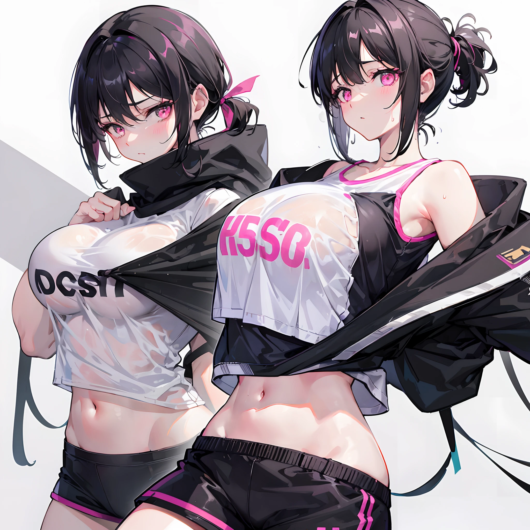 Short black hair ponytail，Pink eyes，Loving pupils，girl，huge tit，White sports shorts，white short sleeve，Clothes drenched in sweat，Stand a word horse，