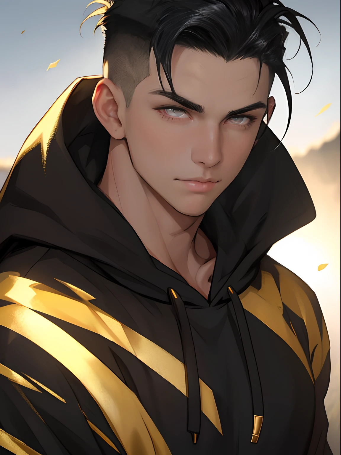 masterpiece, 1boy, young, handsome, black hair, undercut hair, perfect face, detailed eyes and face, gold eyes, hoody, clean shaved, muscular, capturing a rural atmosphere, dynamic lighting