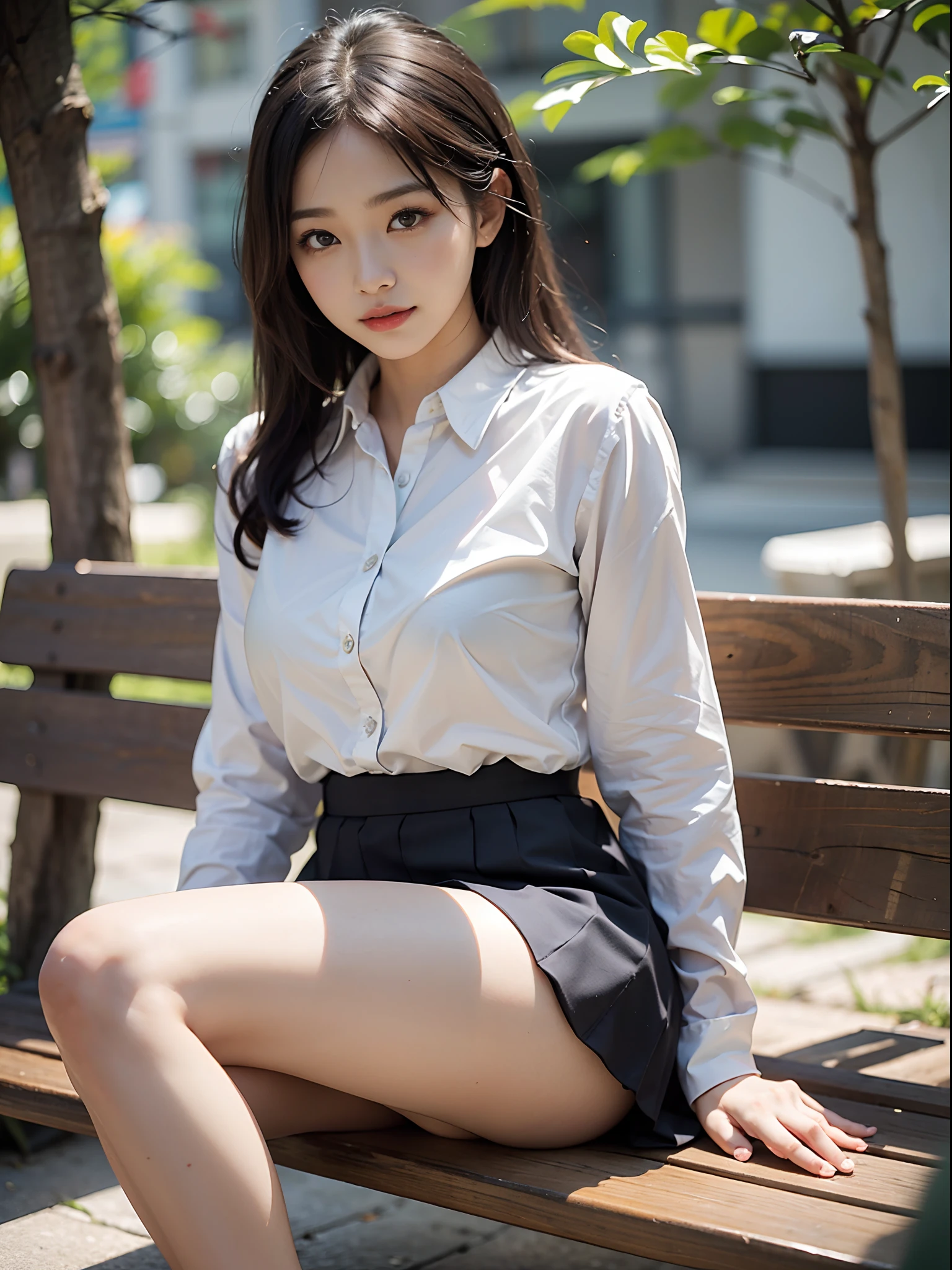 ((top-quality、in 8K、​masterpiece:1.3, Photorealsitic:1.3)), Sitting on a bench, Japan girl, 1 female, A dark-haired, With bangs, Medium-sized breasts, Japan schoolgirl uniform, ((white ribbed panties, Inter-strands, Thicker thighs, sockes, Open your crotch)), a baby fwith round face:1.1, Highly detailed facial and skin texture, A detailed eye, Detailed lips、Highly detailed hair depiction, pureerosface, Natural makeup