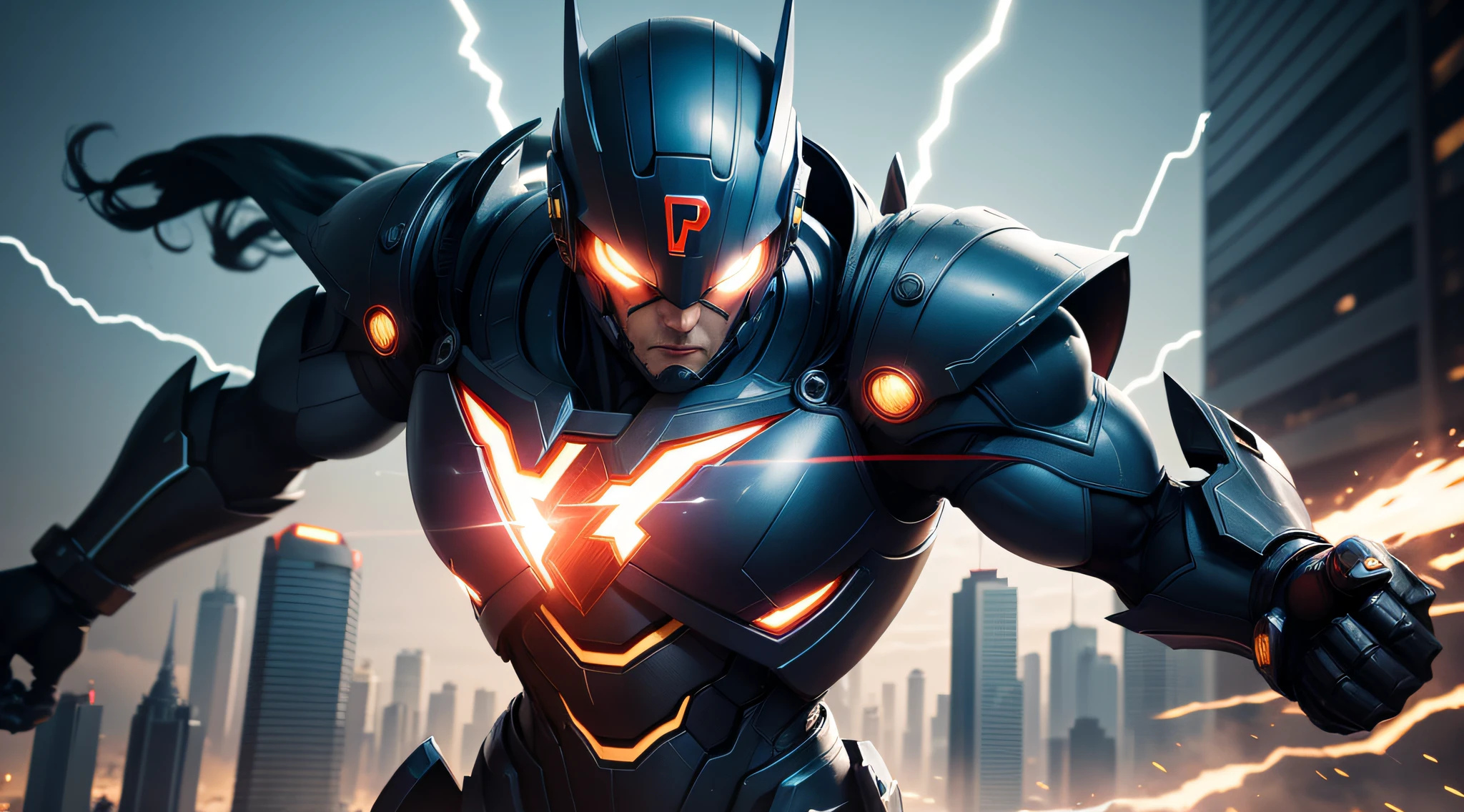 sky, cloud, holding_weapon, no_humans, glowing, , robot, building, glowing_eyes, mecha, science_fiction, city, realistic,mecha a powerful hero, vibrant colors, dynamic lighting, detailed costume, intense action scene, extraordinary abilities, breathtaking special effects, cinematic quality, Epic showdown, realistic CGI, high definition resolution, Iconic superhero pose, composition dramatic, city skyline scenery, intense facial expression, intense energetic aura, superhero emblem, superhuman strength, flying skills, lightning-fast speed, invincibility, heroic determination, explosive power, heroic justice, iconic mask, heroic cape , nimble movements, intense battle intensity, Superheroic Charisma, immersive storytelling, larger than life presence, thrilling adventure, victorious triumph, Ultimate Superhero