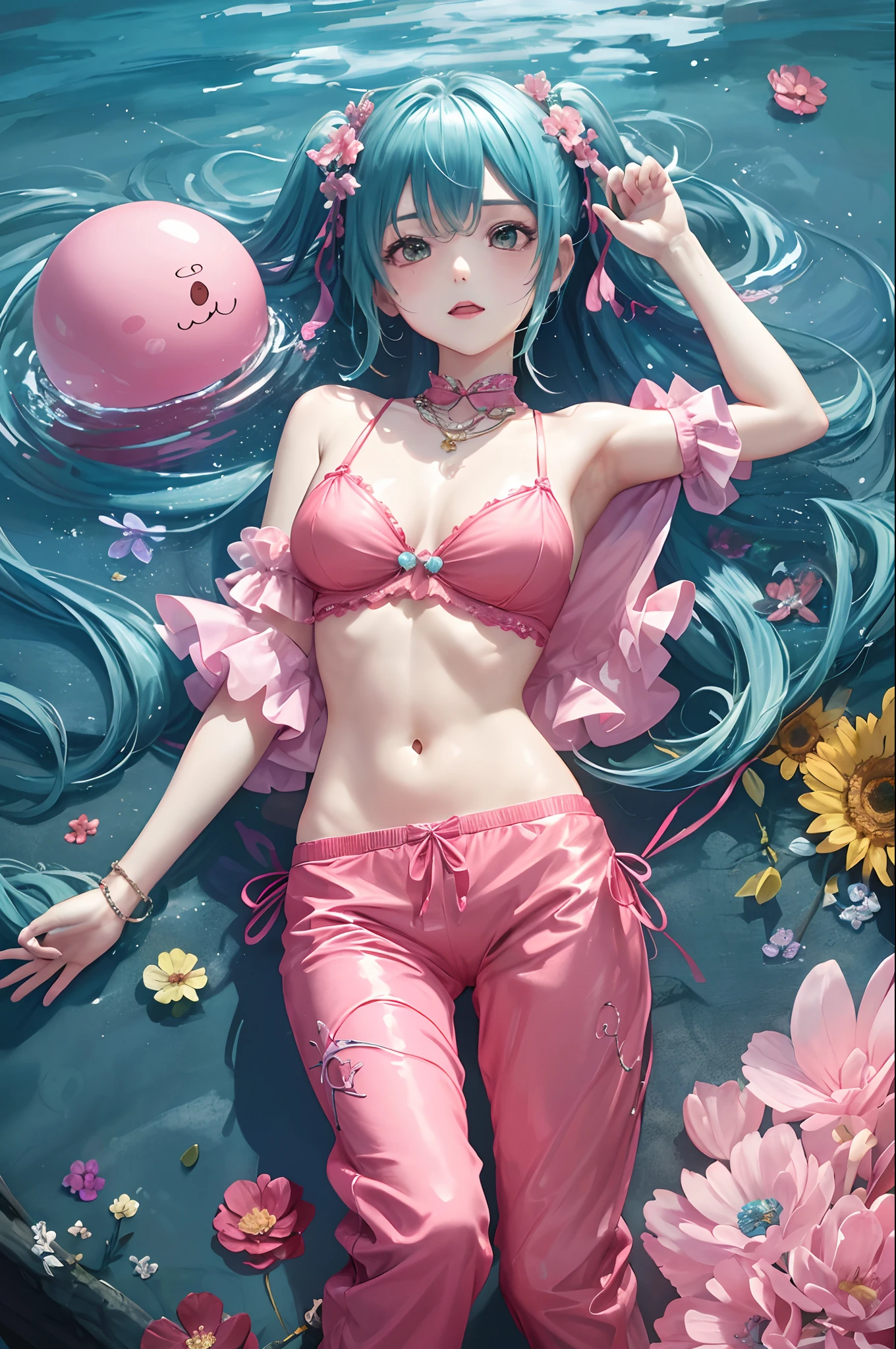 (masterpiece、top-quality、Official art:1.2)、(colourfull)、miku hatsune、see the beholder、1girl in、portlate、独奏、Colorful water levitation、Lying girl、realisticlying、She wears long pants、Wearing pink pajamas、Cute、A sexy、a navel、accessorized、Correct anatomy