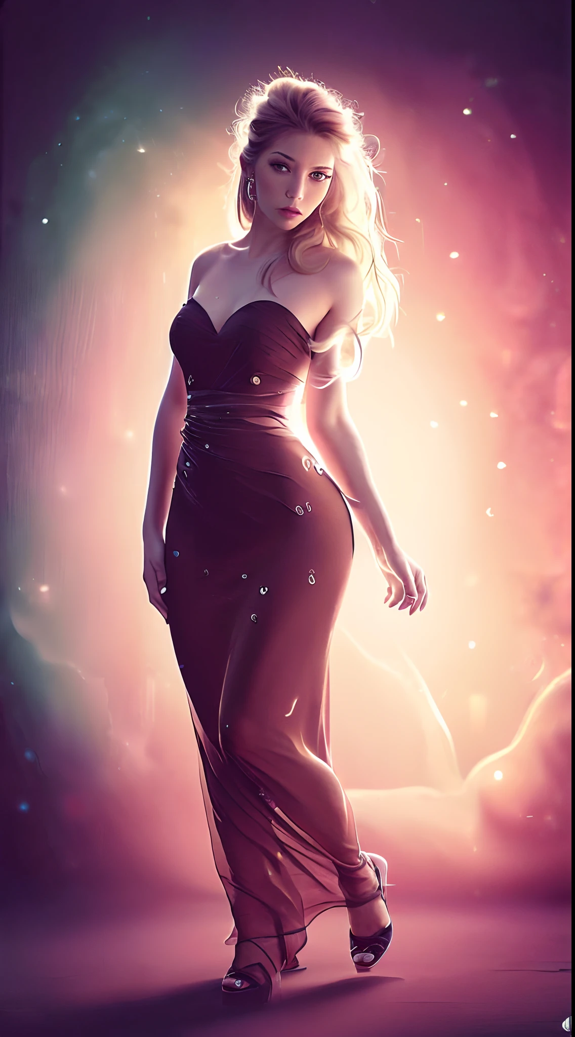 (Best quality,4K,8K,A high resolution,Masterpiece:1.2),Ultra-detailed,(Realistic,Photorealistic,photo-realistic:1.37),sportrait,Women,Long flowing hair,Off-white iris,vacant gaze,Plump pink lips,The ends of the hair have white flowers,Graceful figure,Medium shot,Black dress.Delicate long legs