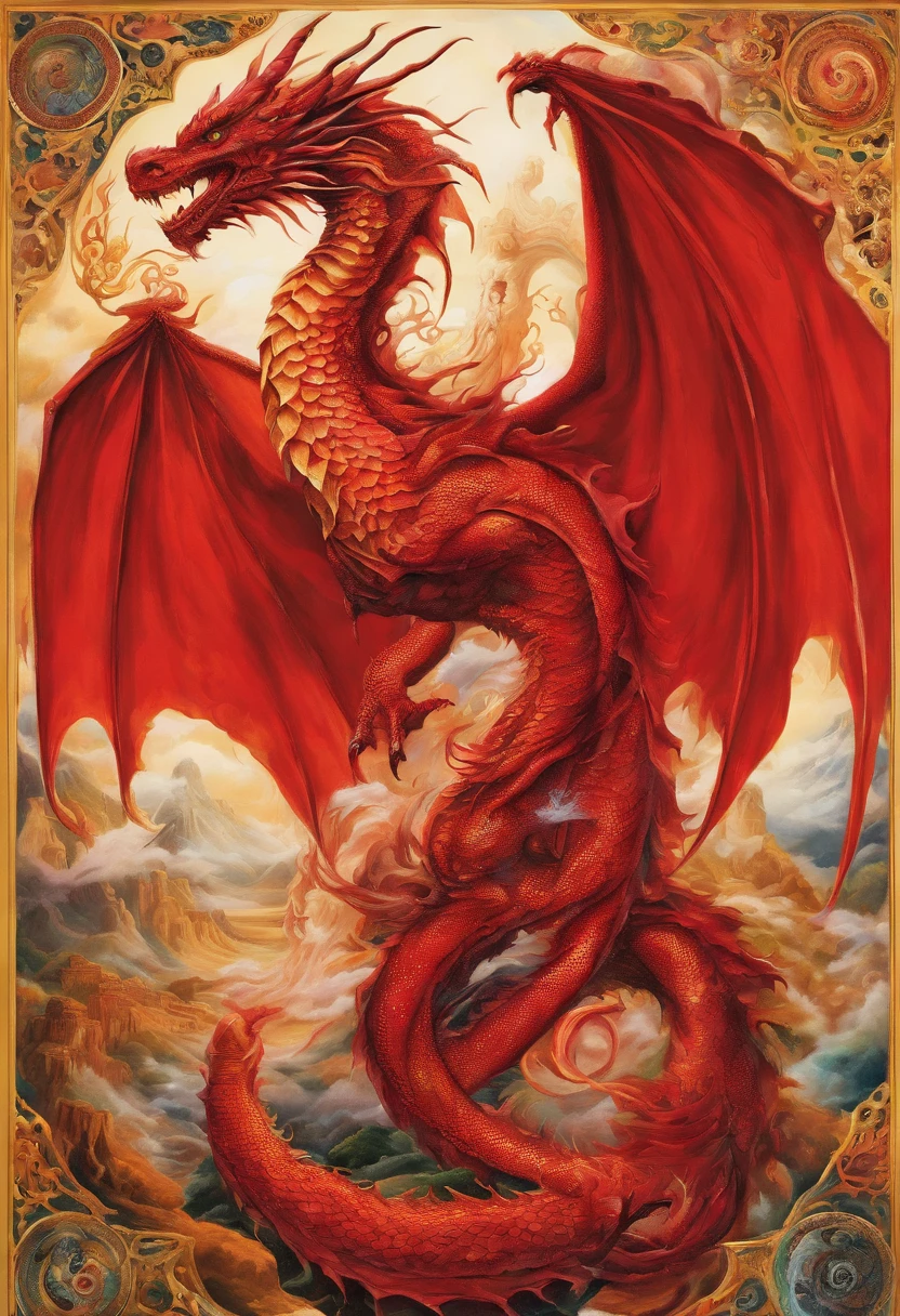 legless red dragon expertly interwoven into a immense tapestry of all the levels of ascension and dissolution, winding his sinuous elegant coils form the creation, woven art, tapestry master work
