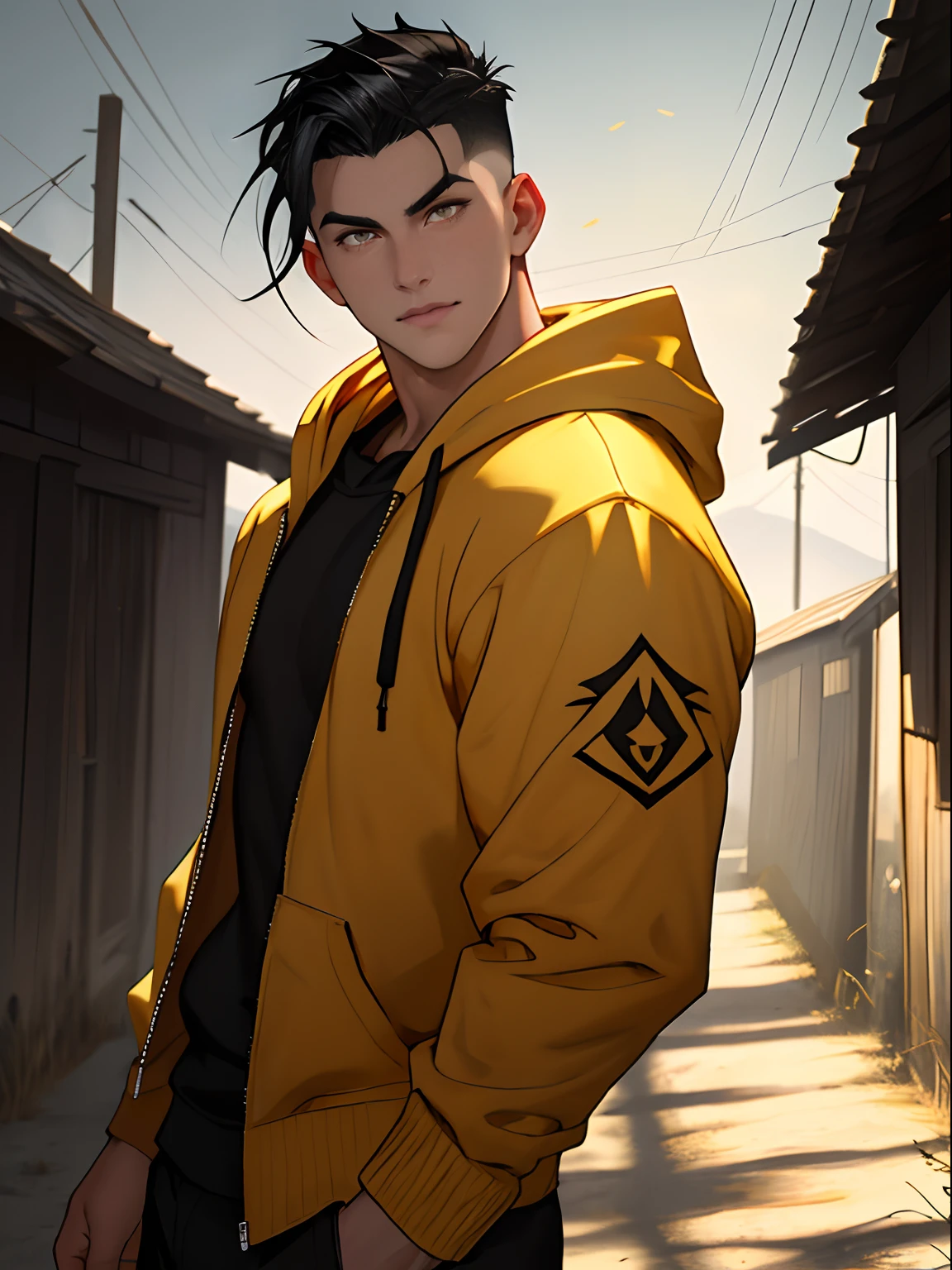 masterpiece, 1boy, young, handsome, black hair, undercut hair, perfect face, detailed eyes and face, gold eyes, hoody, clean shaved, muscular, capturing a rural atmosphere, dynamic lighting