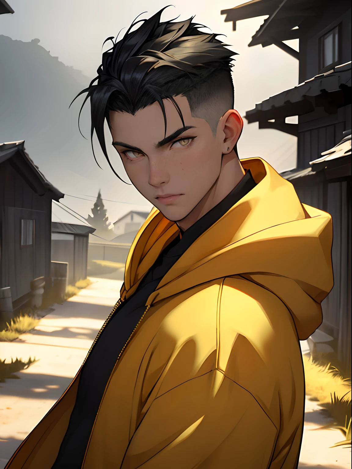 masterpiece, 1boy, young, handsome, black hair, undercut hair, perfect face, detailed eyes and face, gold eyes, hoody, clean shaved, muscular, capturing a rural atmosphere, dynamic lighting
