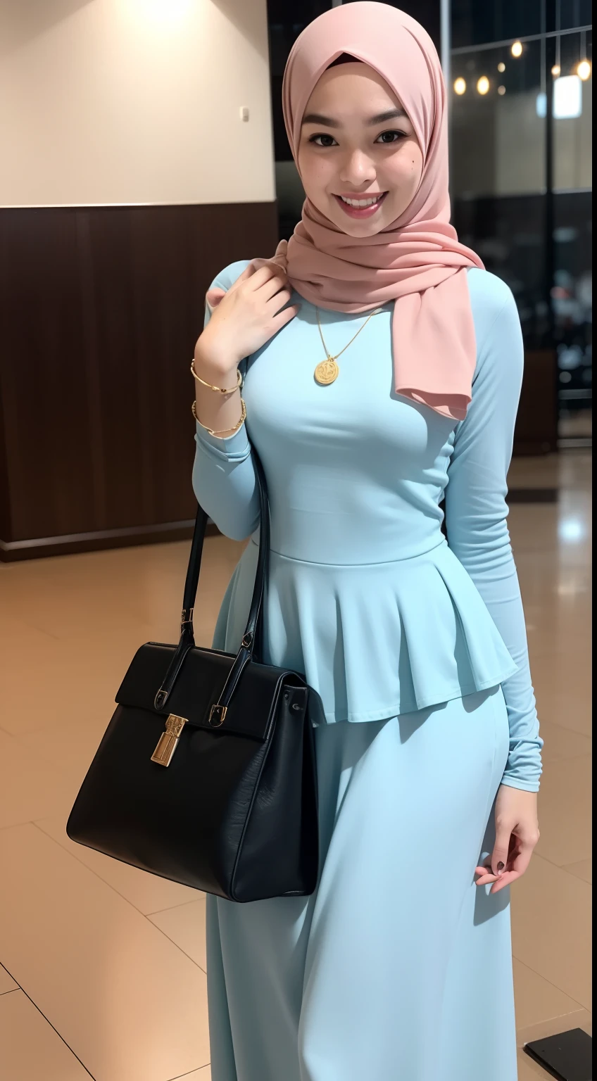 Malay girl very long white hijab, wear pastel blue long peplum dress and Leather Jacket going to dinner, smiling,wear necklace, front view, hijab blown, windy, detail skin, age spot, detail skin texture, mole below eyes, small breast, flat chest, wide hips, small waists, thick thighs, slim abs, beautiful body, nighttime, laughing, happy, bright lighting, people in background, college gym background, blur background, bokeh, location: dinner hall,