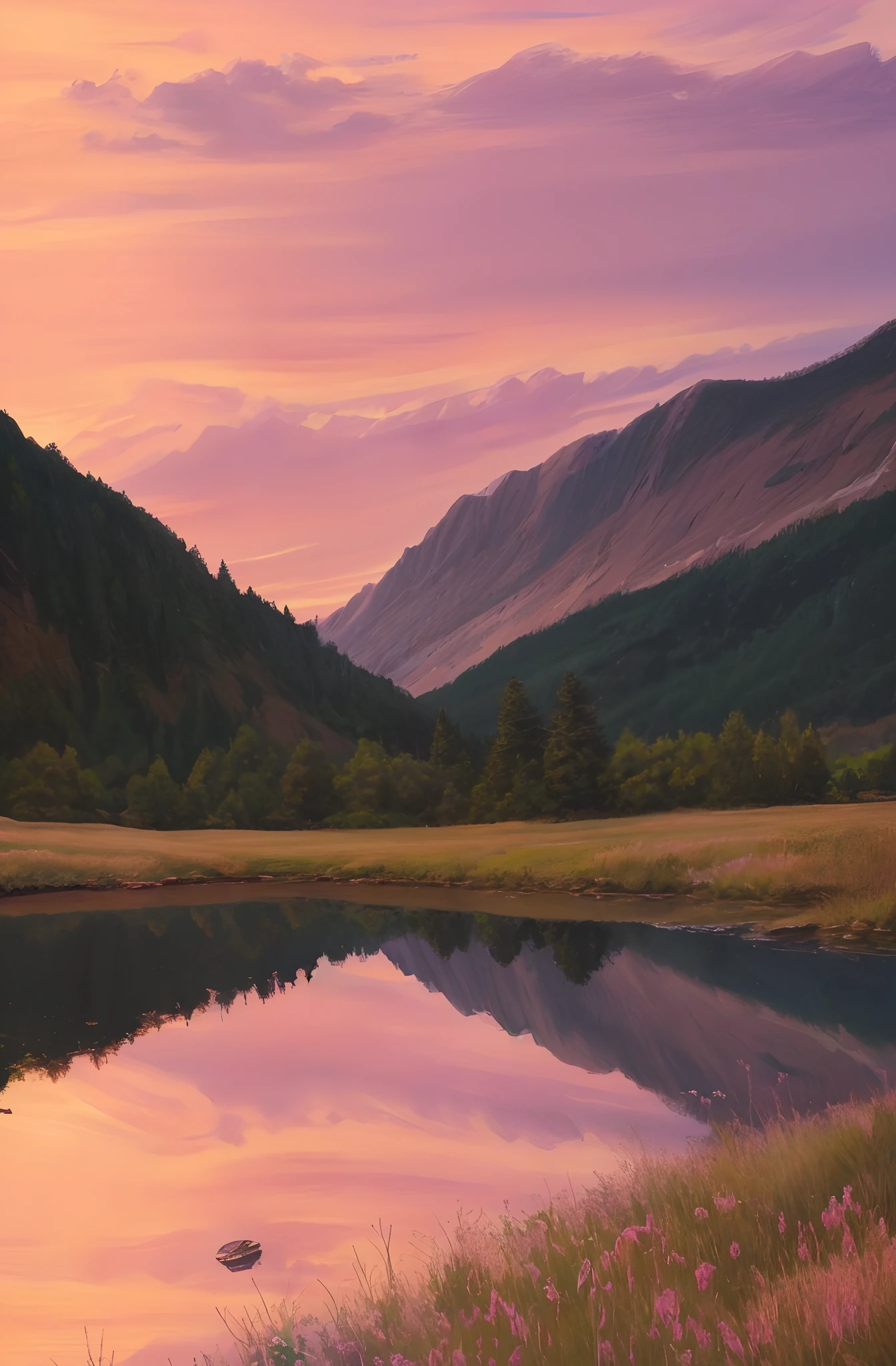 painting of a mountain lake with reflection in the water, twilight ; digital oil painting, detailed painting 4 k, detailed digital painting, 8 k resolution digital painting, 8k resolution digital painting, sunset in a valley, painted landscape, twilight ; digital painting, digital 4k painting, high detail digital painting, painted in high resolution, very detailed digital painting
